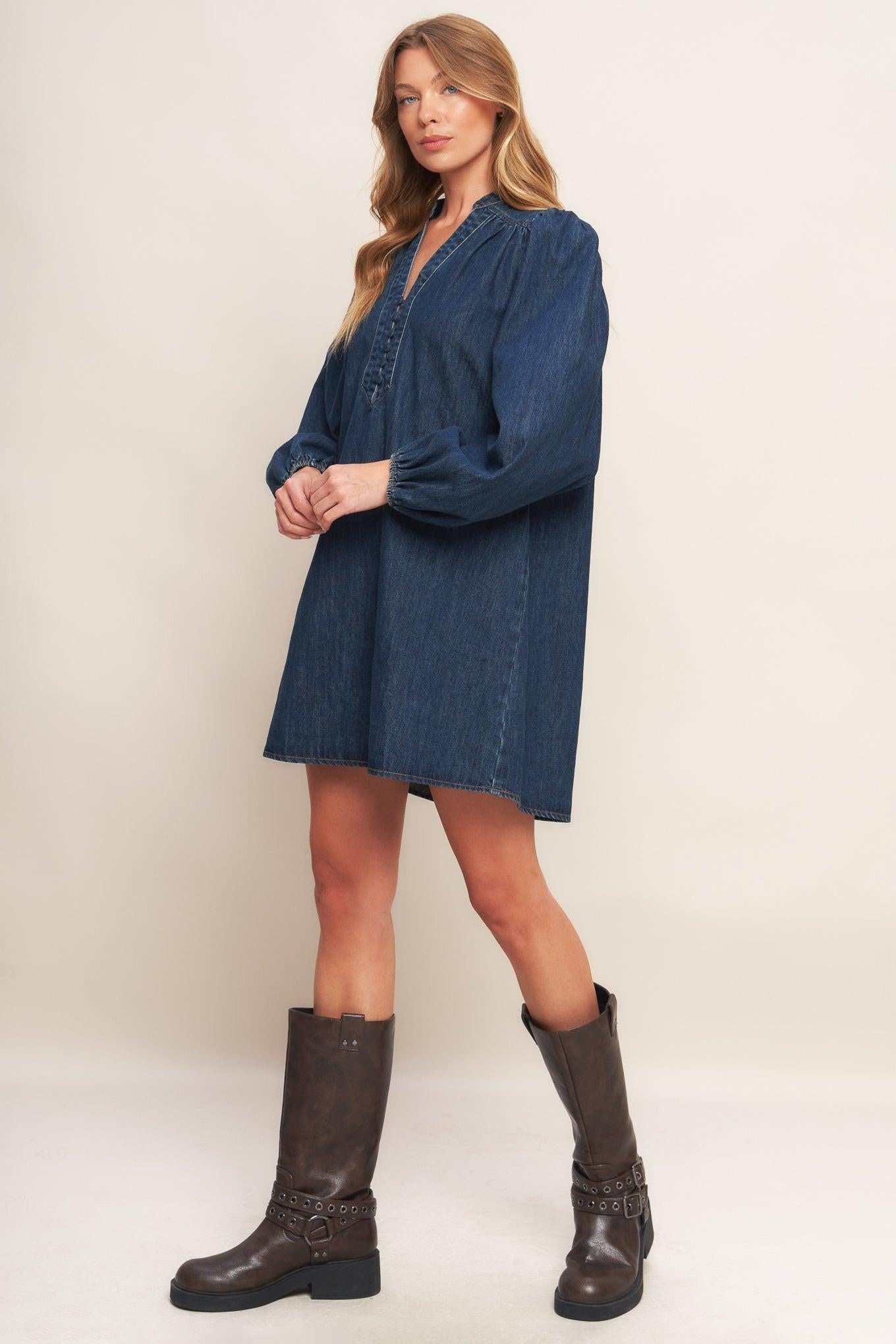 Canyon Breeze Denim Mini Dress in dark indigo, view 5 — Soul Flow Apparel