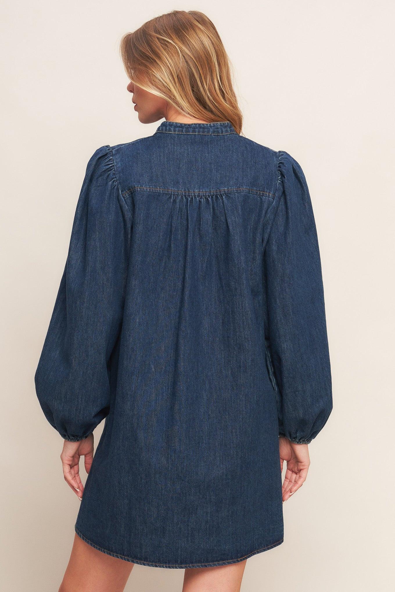 Canyon Breeze Denim Mini Dress in dark indigo, view 6 — Soul Flow Apparel