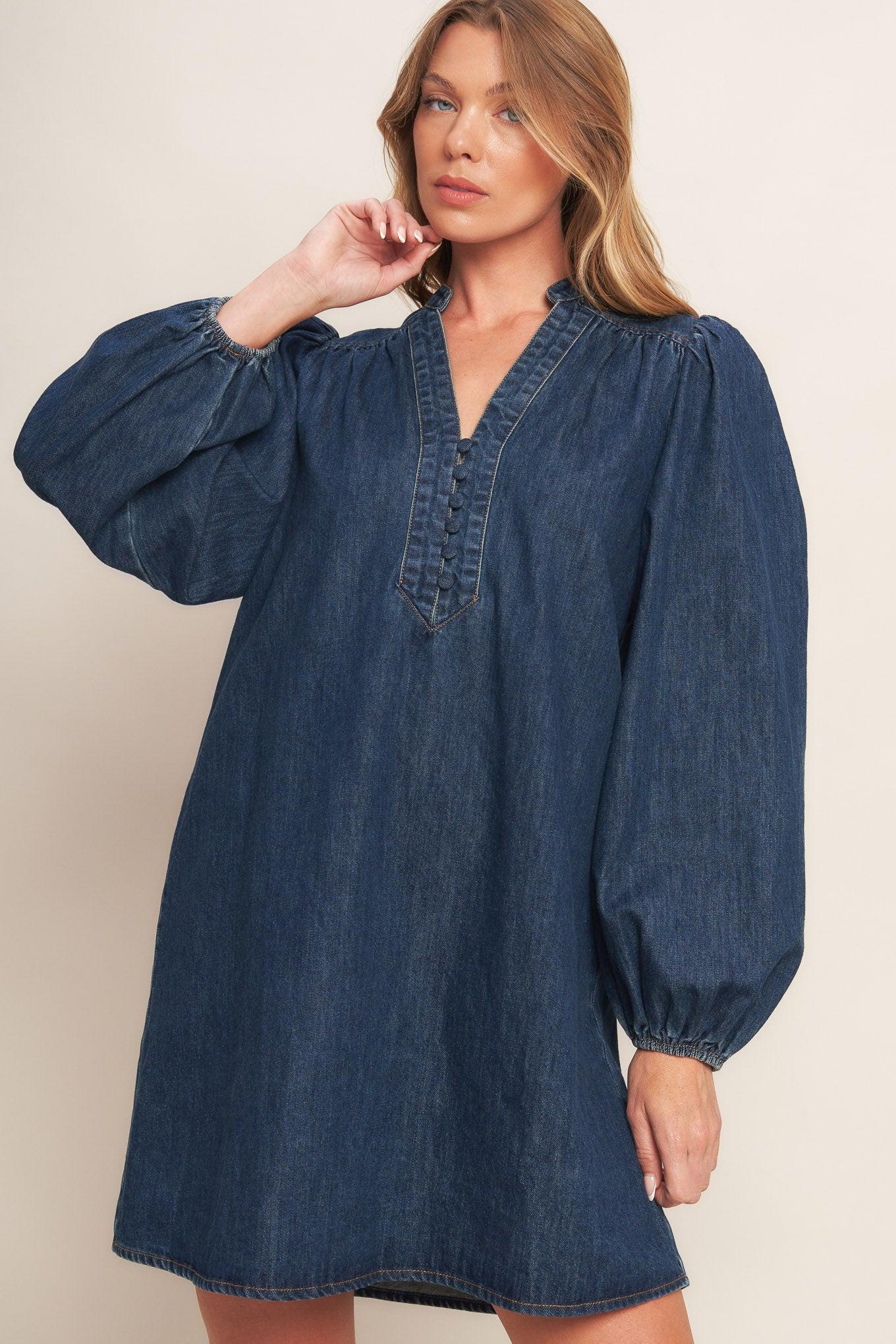 Canyon Breeze Denim Mini Dress in dark indigo, view 7 — Soul Flow Apparel