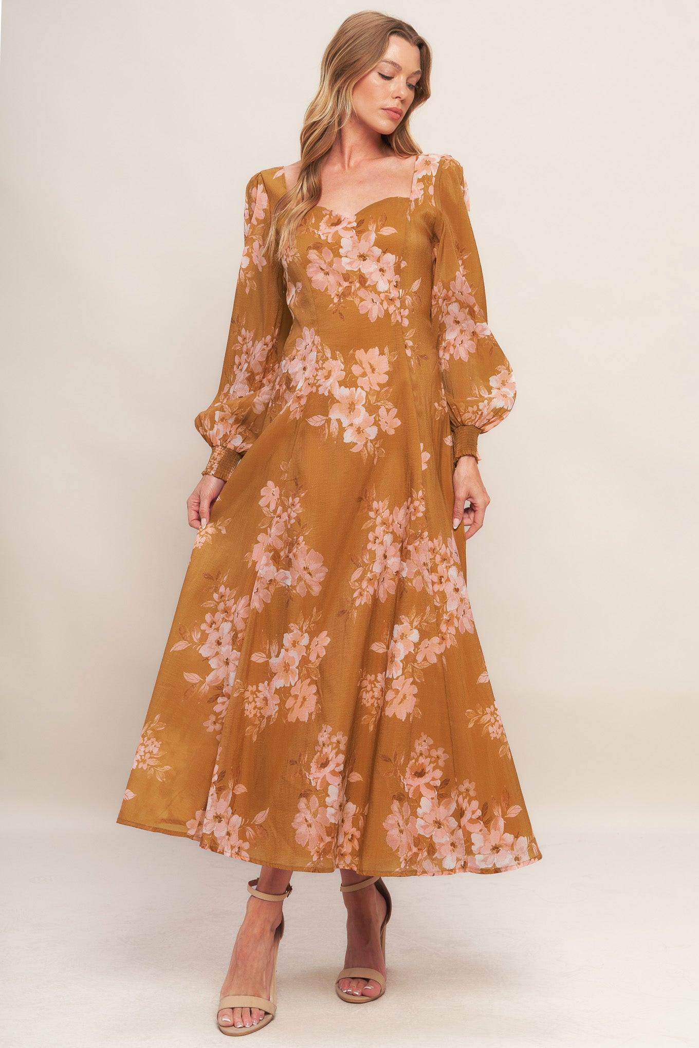 Golden Blossom Woven Ankle Dress in brown, view 1 — Soul Flow Apparel
