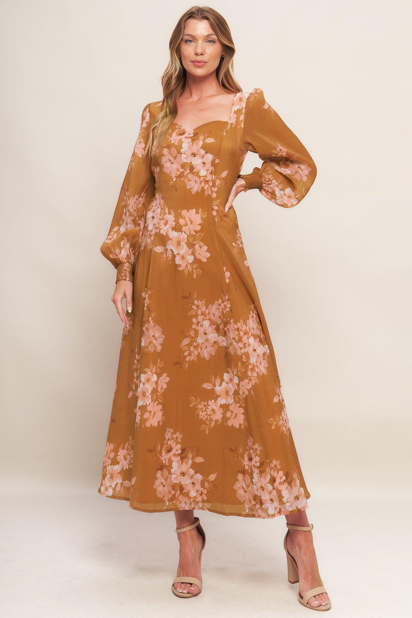 Golden Blossom Woven Ankle Dress in brown, view 2 — Soul Flow Apparel