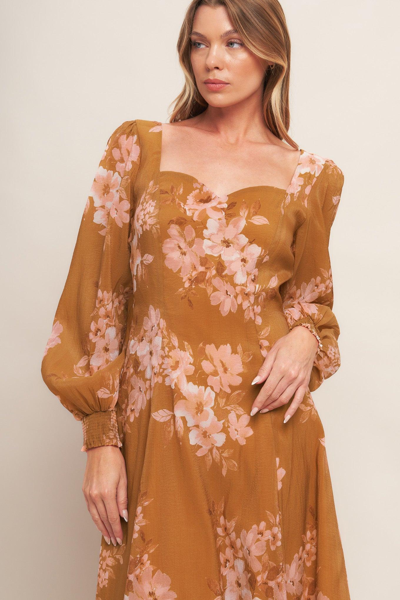 Golden Blossom Woven Ankle Dress in brown, view 3 — Soul Flow Apparel