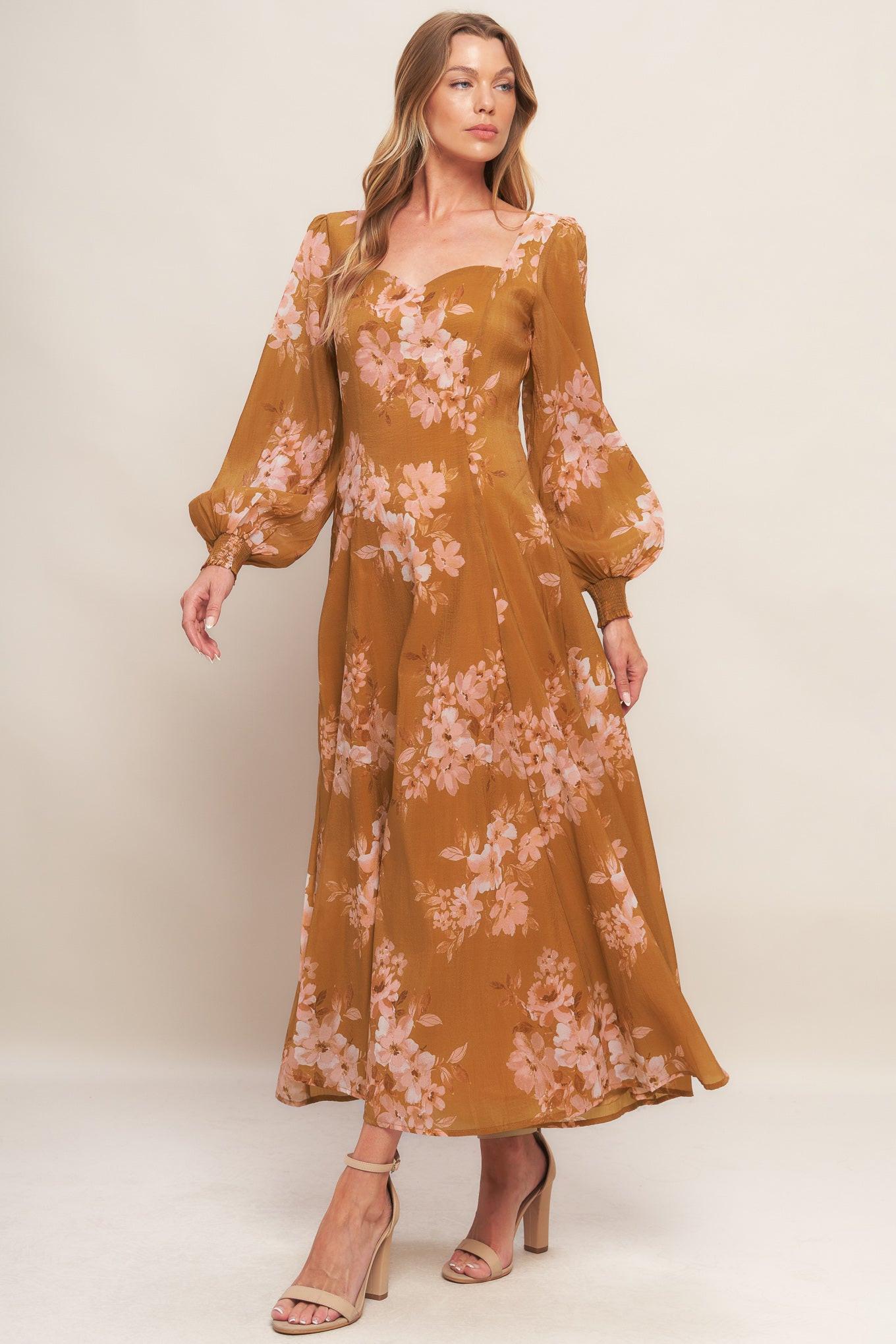 Golden Blossom Woven Ankle Dress in brown, view 4 — Soul Flow Apparel