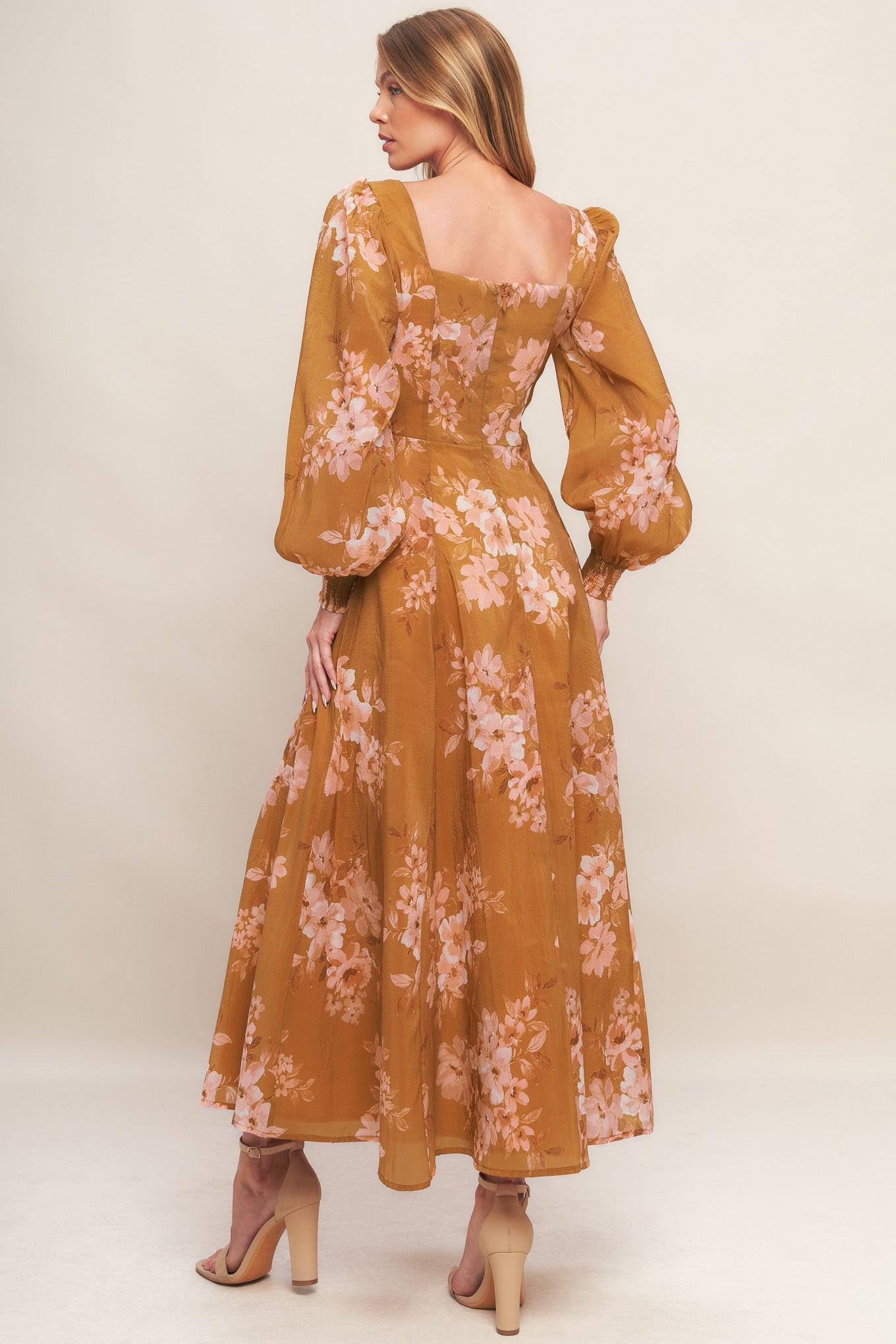 Golden Blossom Woven Ankle Dress in brown, view 5 — Soul Flow Apparel
