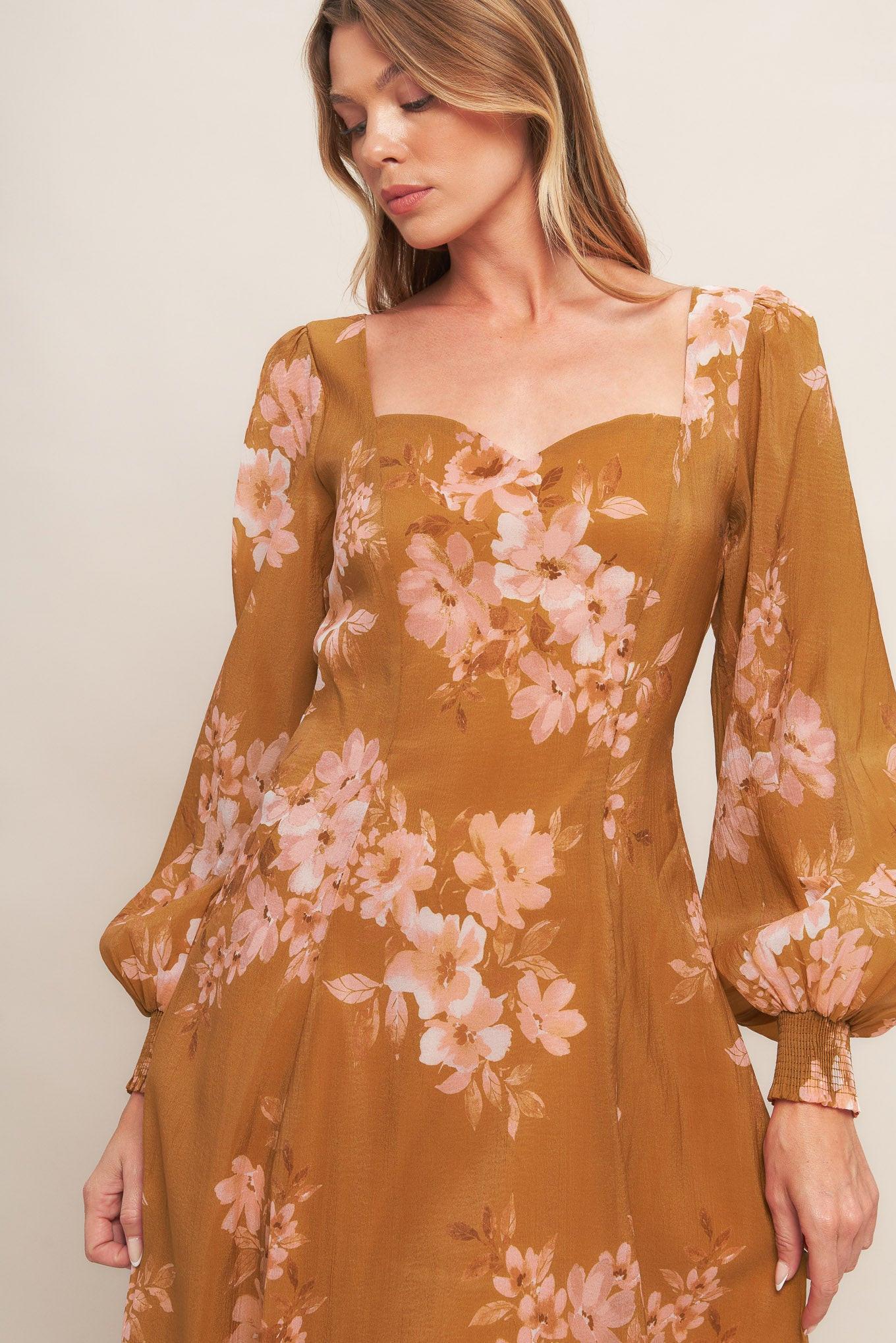 Golden Blossom Woven Ankle Dress in brown, view 6 — Soul Flow Apparel