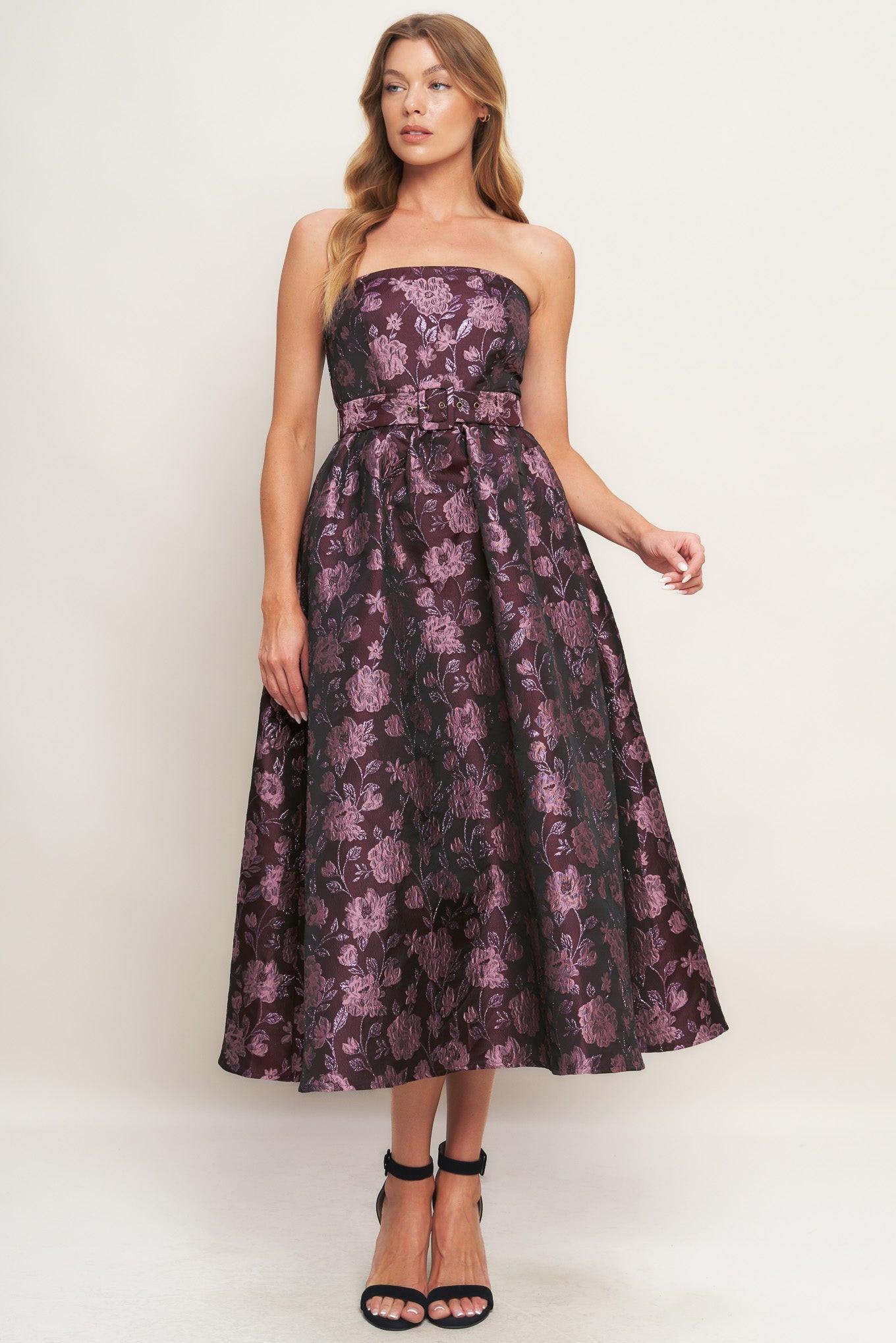 Aubergine Chic Jacquard Woven Midi Dress in burgundy, view 1 — Soul Flow Apparel