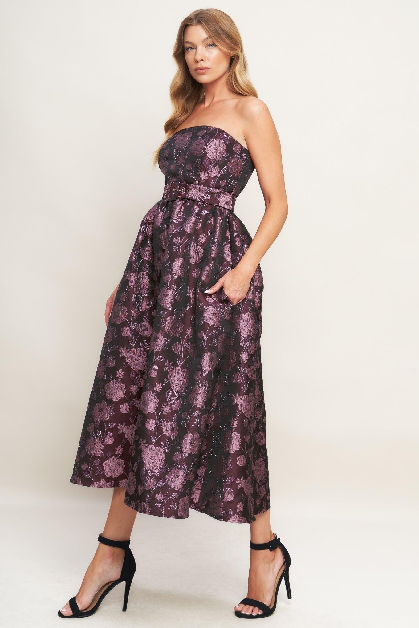 Aubergine Chic Jacquard Woven Midi Dress in burgundy, view 3 — Soul Flow Apparel