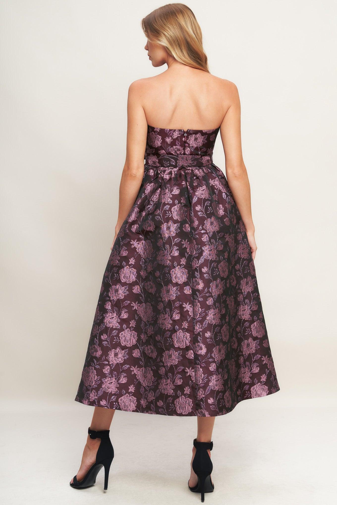 Aubergine Chic Jacquard Woven Midi Dress in burgundy, view 4 — Soul Flow Apparel