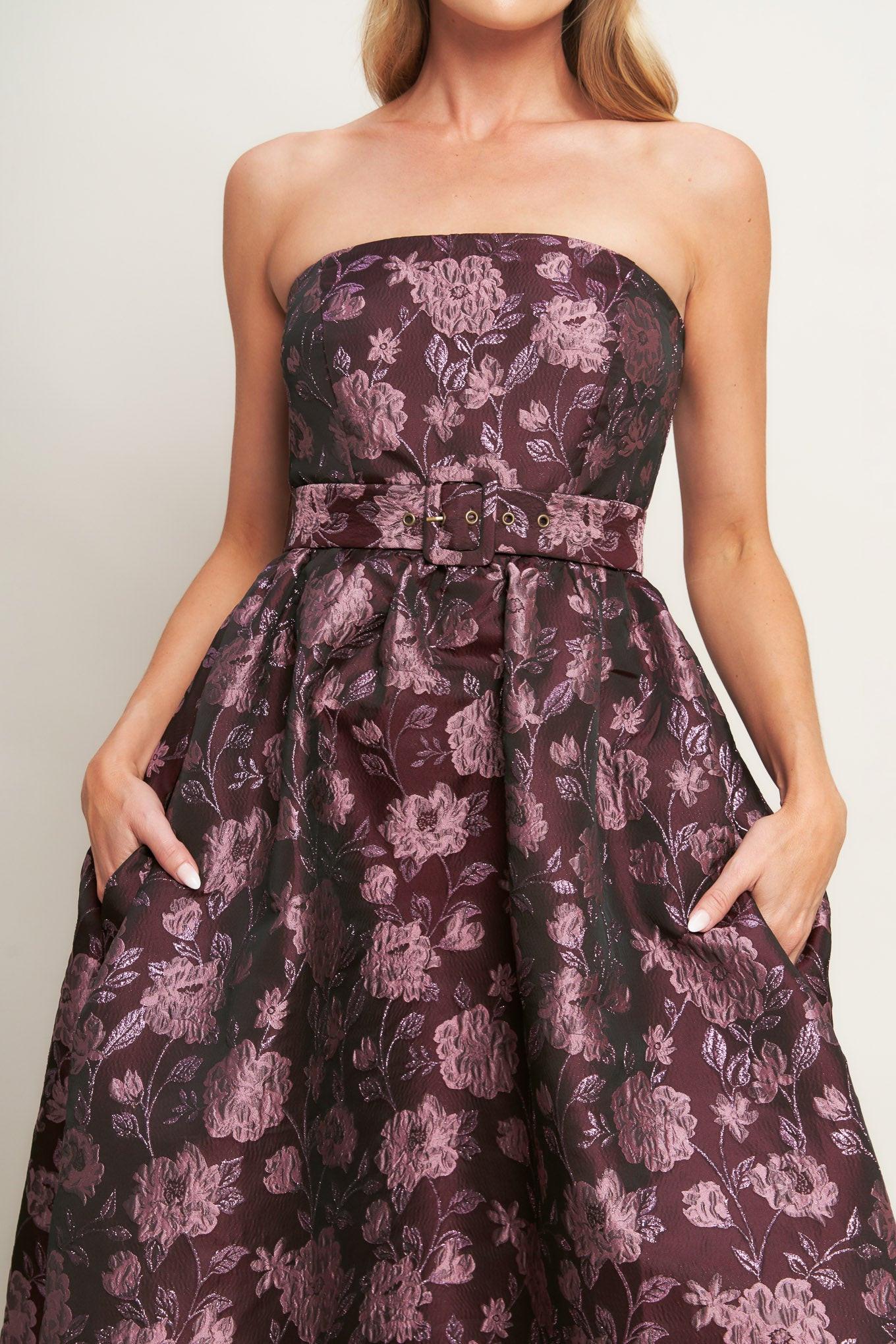 Aubergine Chic Jacquard Woven Midi Dress in burgundy, view 7 — Soul Flow Apparel