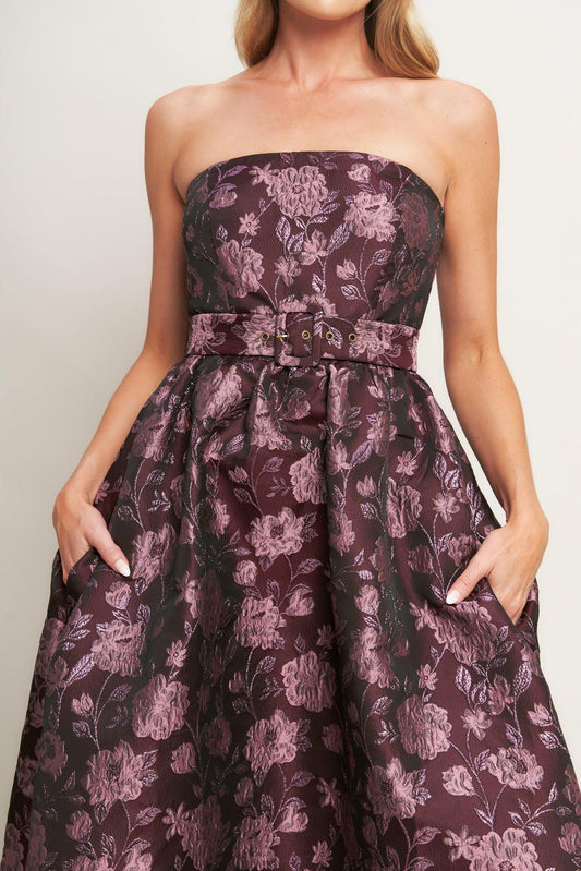 Aubergine Chic Jacquard Woven Midi Dress in burgundy, view 7 — Soul Flow Apparel