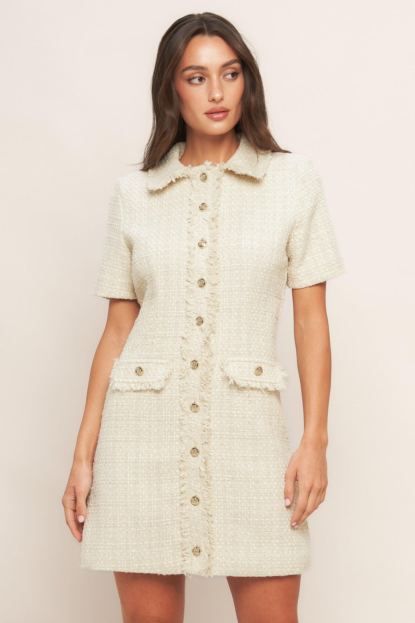 Bouclé Affair Tweed Mini Dress in cream, view 1 — Soul Flow Apparel