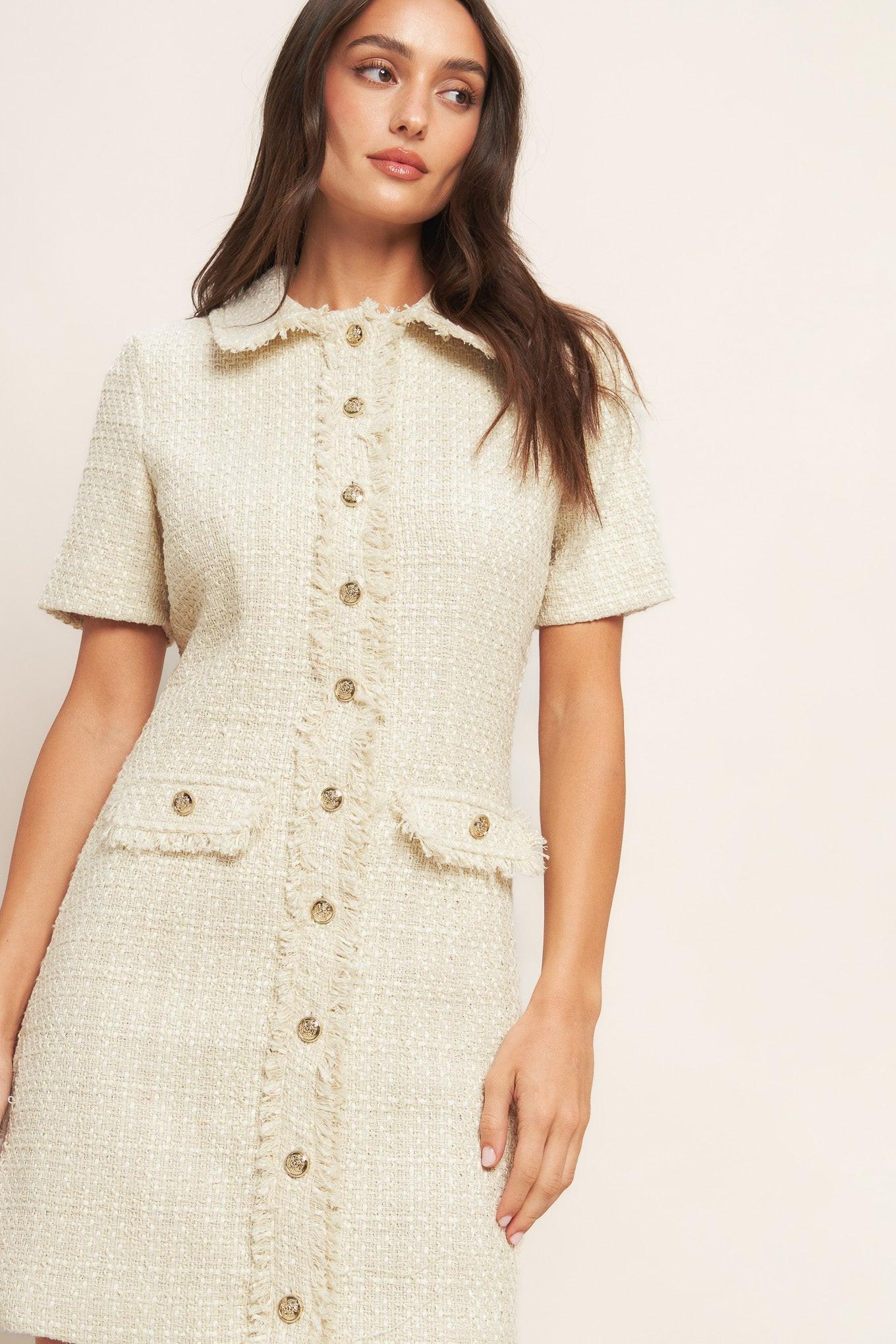 Bouclé Affair Tweed Mini Dress in cream, view 7 — Soul Flow Apparel