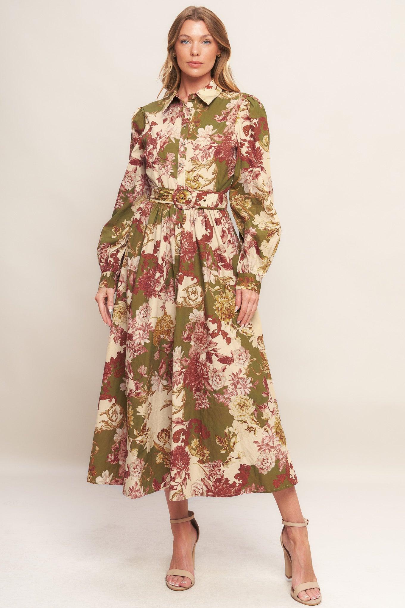 Country Romance Woven Midi Dress in taupe olive, view 1 — Soul Flow Apparel