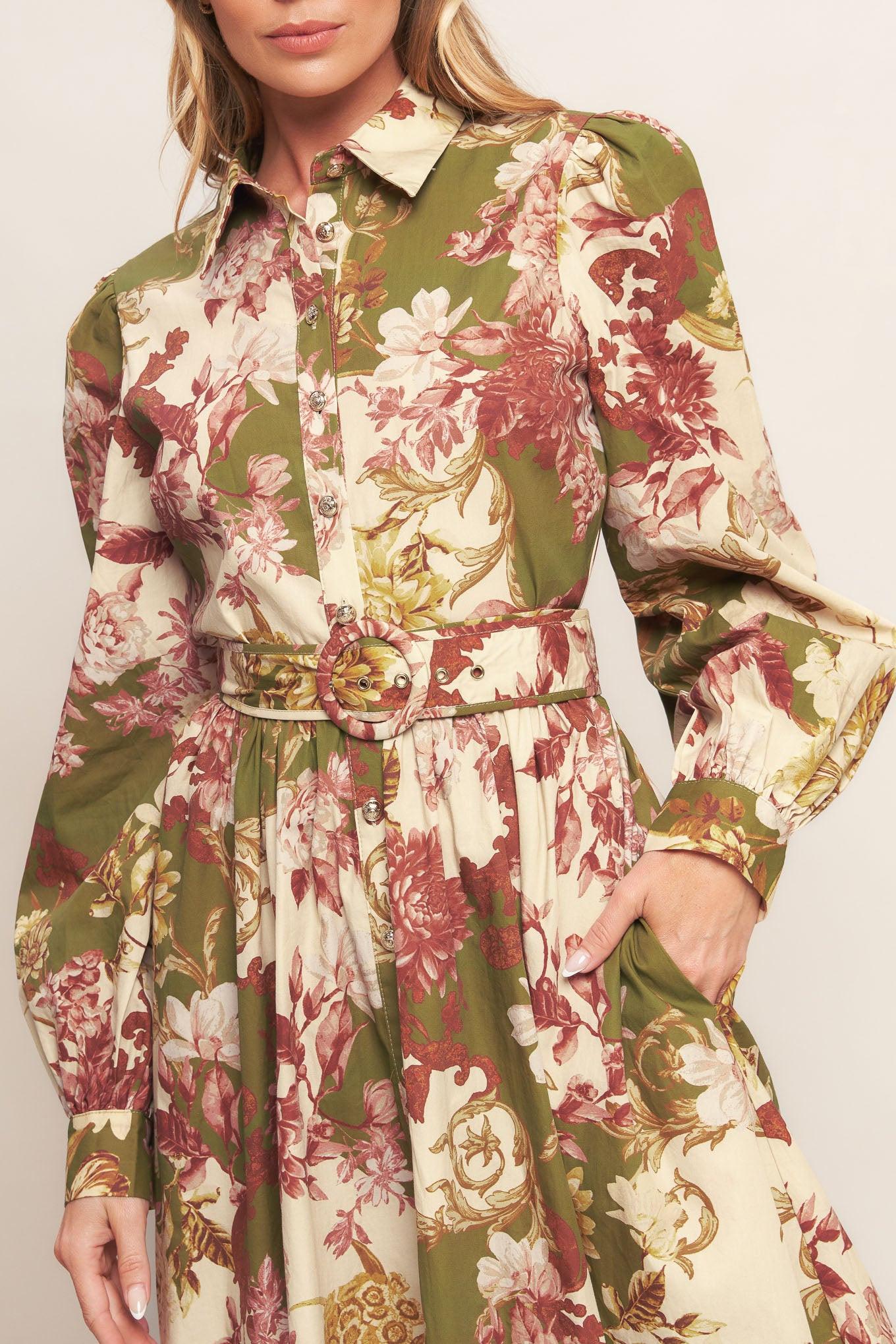 Country Romance Woven Midi Dress in taupe olive, view 3 — Soul Flow Apparel