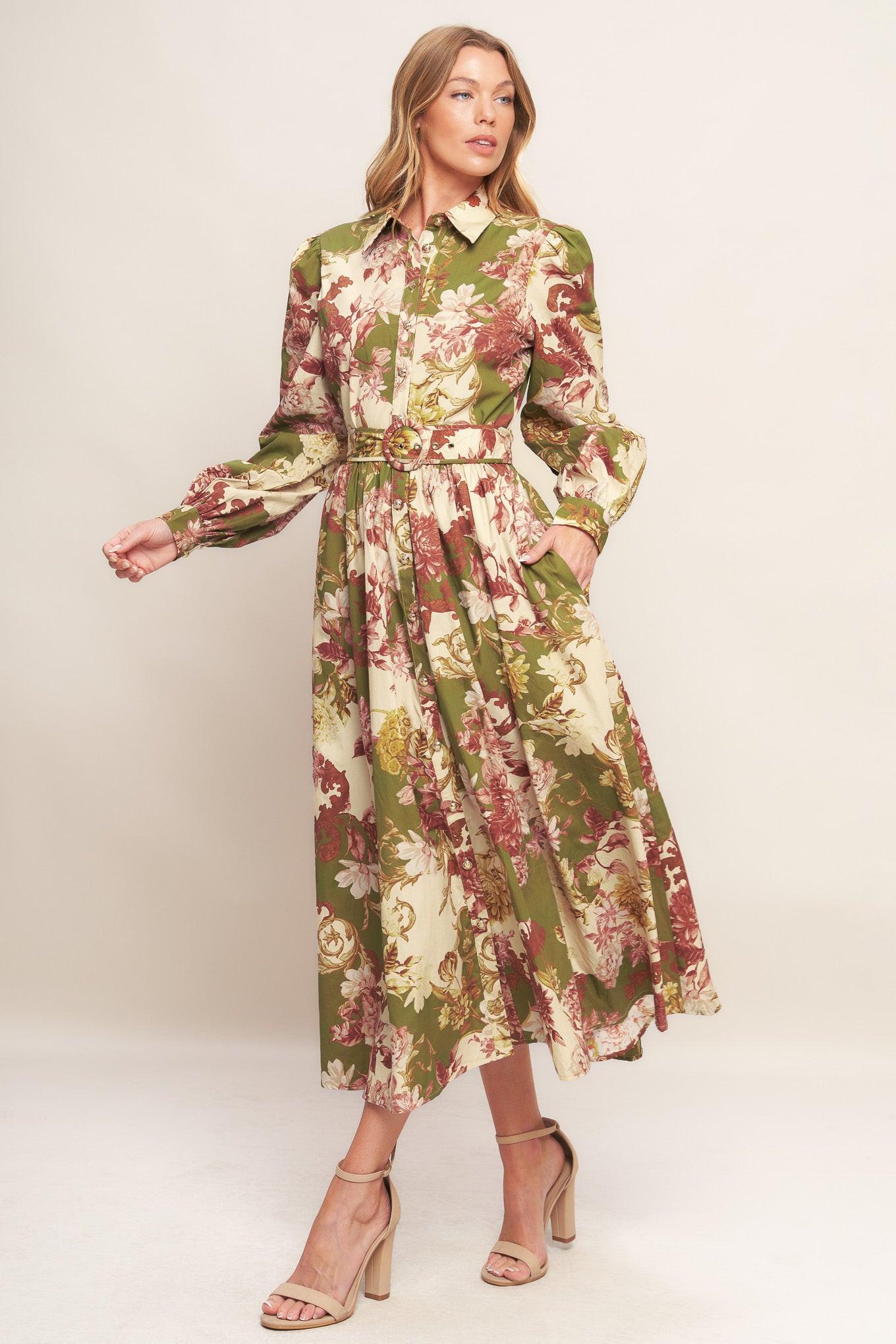 Country Romance Woven Midi Dress in taupe olive, view 4 — Soul Flow Apparel