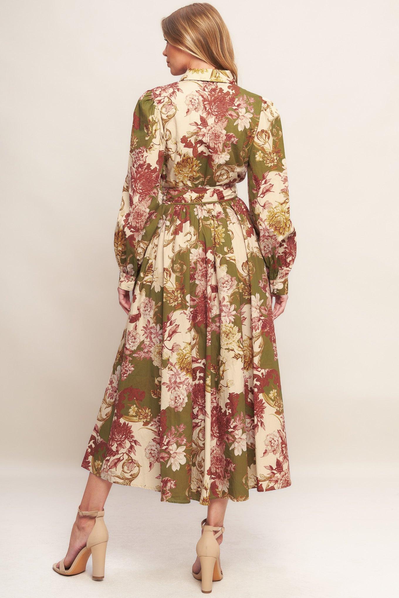 Country Romance Woven Midi Dress in taupe olive, view 5 — Soul Flow Apparel