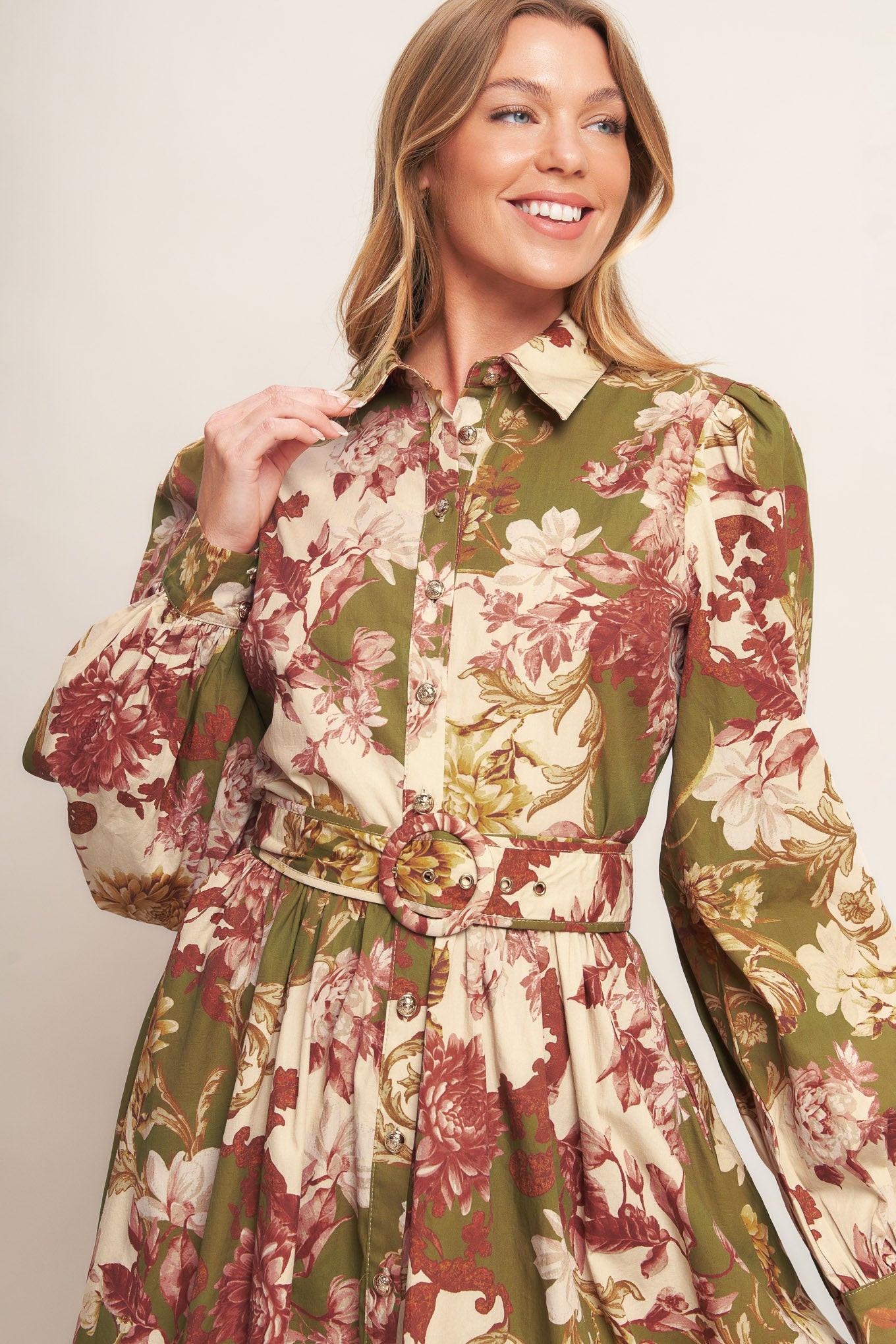 Country Romance Woven Midi Dress in taupe olive, view 6 — Soul Flow Apparel