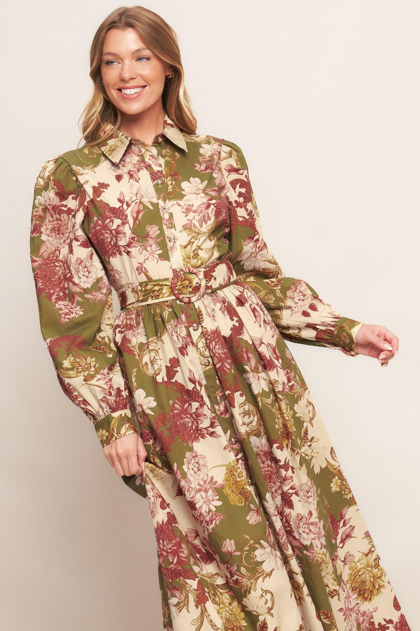 Country Romance Woven Midi Dress in taupe olive, view 7 — Soul Flow Apparel