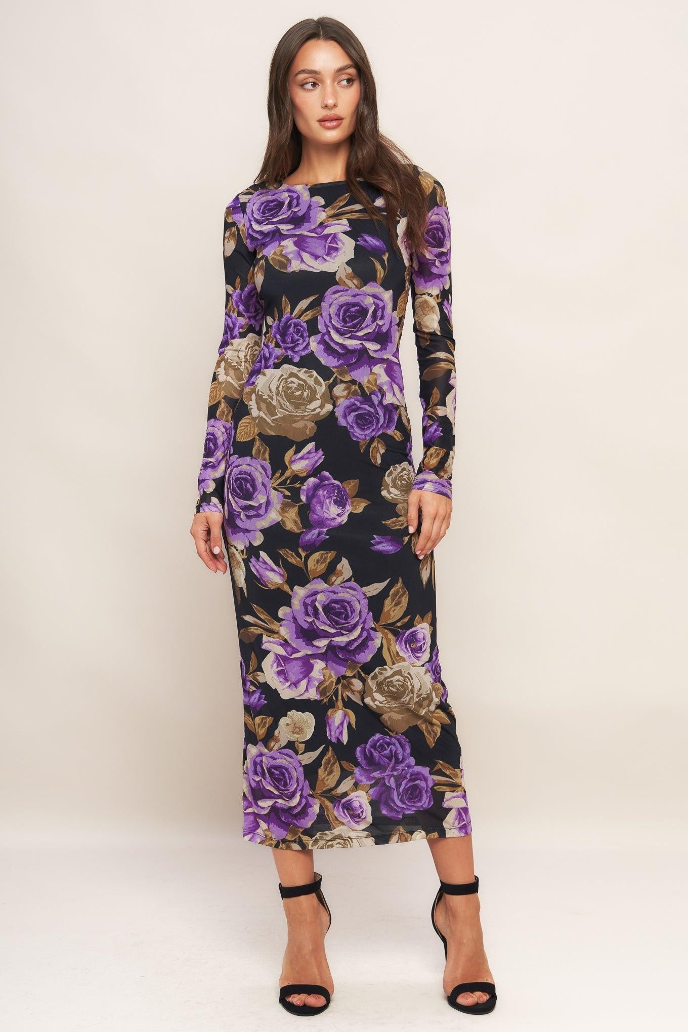 Violet Embrace Power Mesh Midi Dress in black, view 1 — Soul Flow Apparel