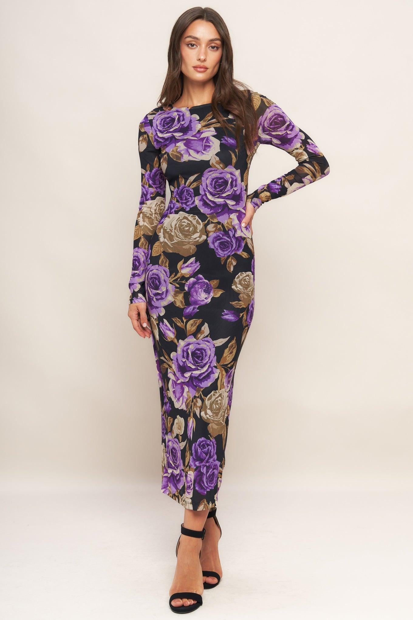 Violet Embrace Power Mesh Midi Dress in black, view 2 — Soul Flow Apparel