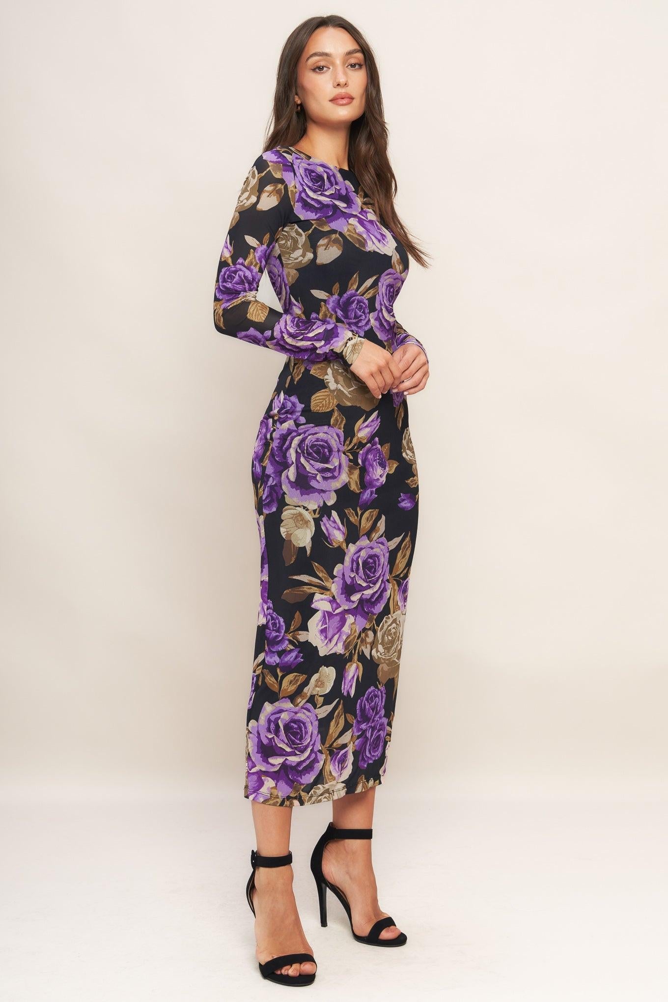 Violet Embrace Power Mesh Midi Dress in black, view 3 — Soul Flow Apparel