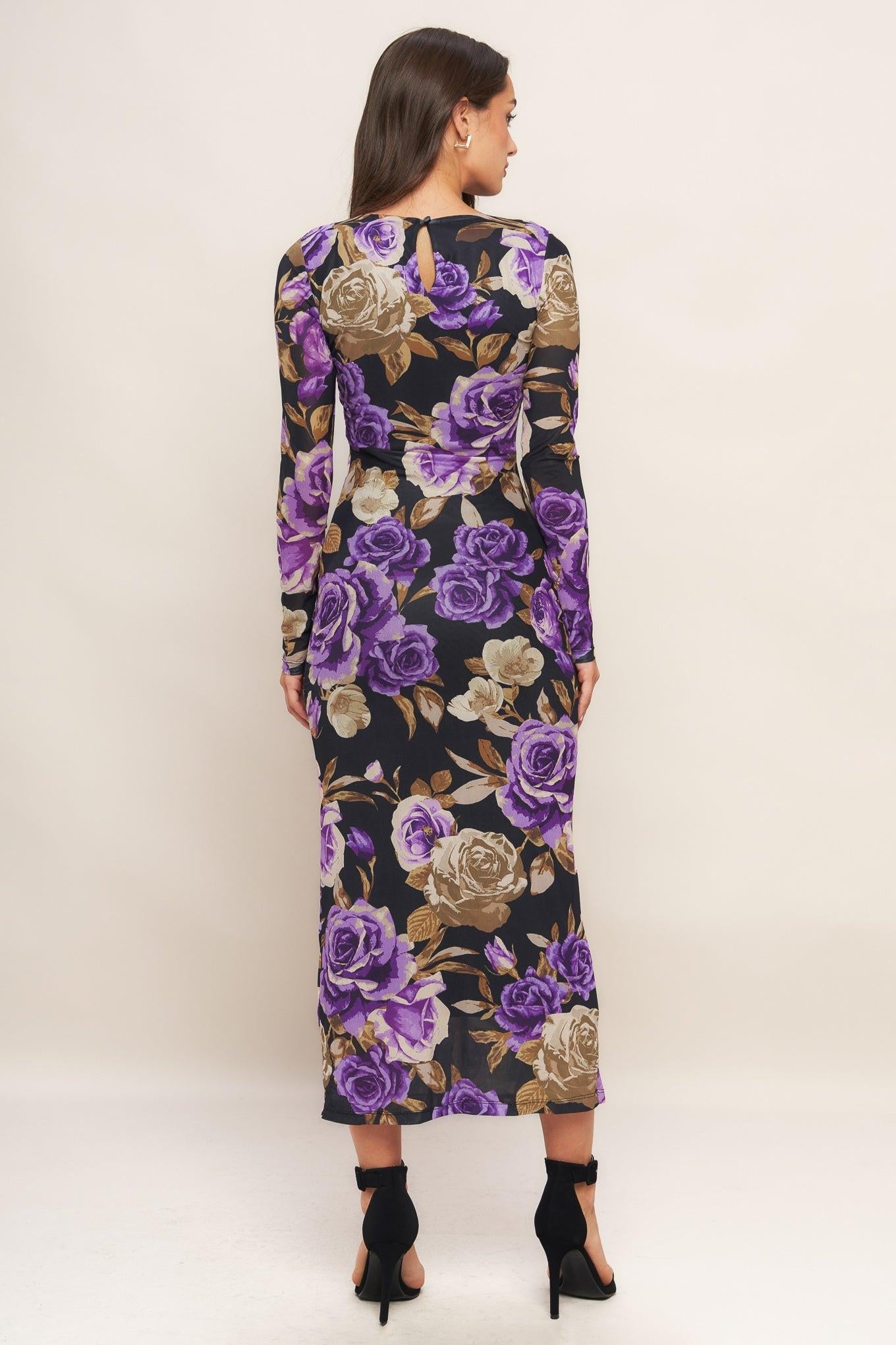 Violet Embrace Power Mesh Midi Dress in black, view 4 — Soul Flow Apparel