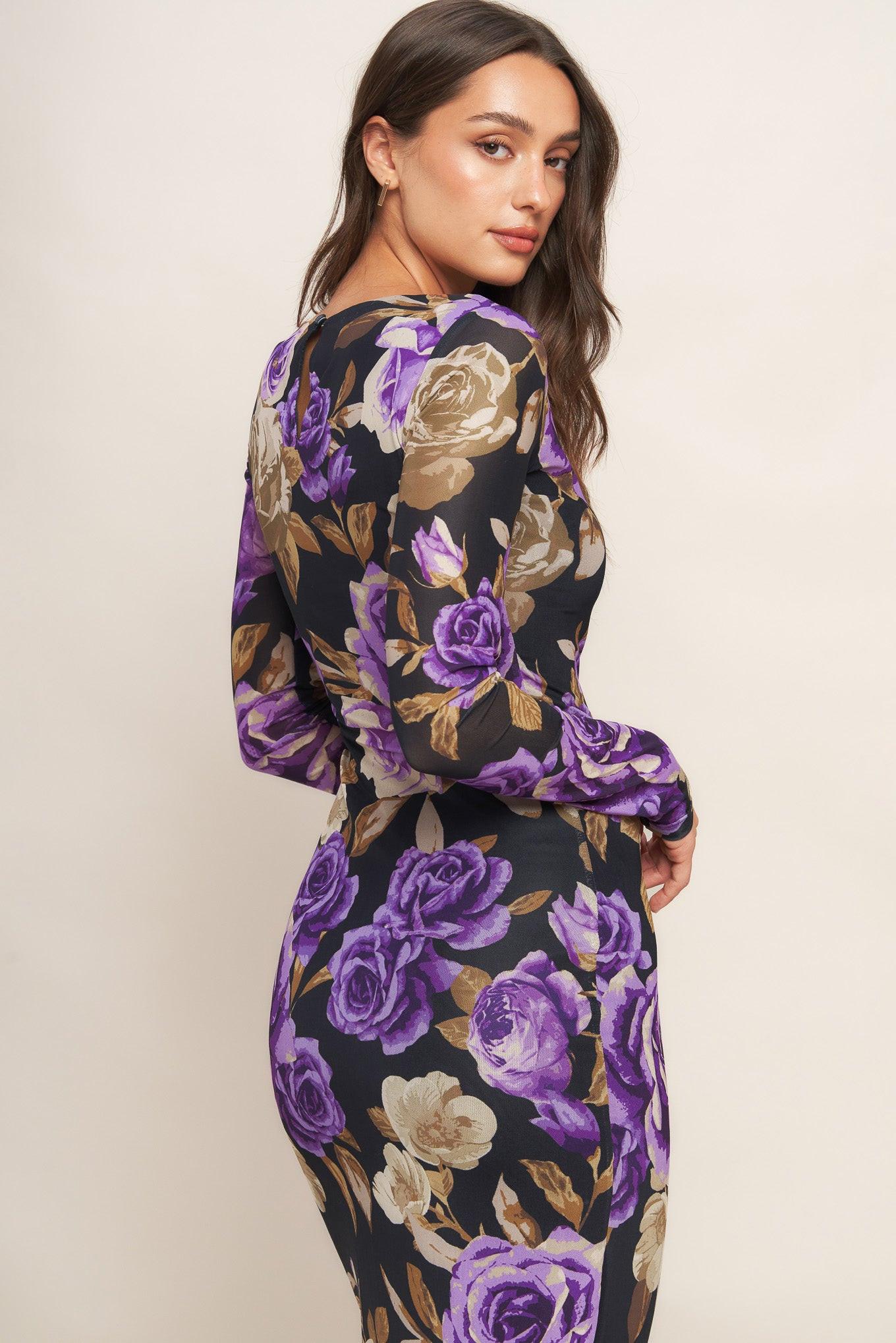 Violet Embrace Power Mesh Midi Dress in black, view 5 — Soul Flow Apparel