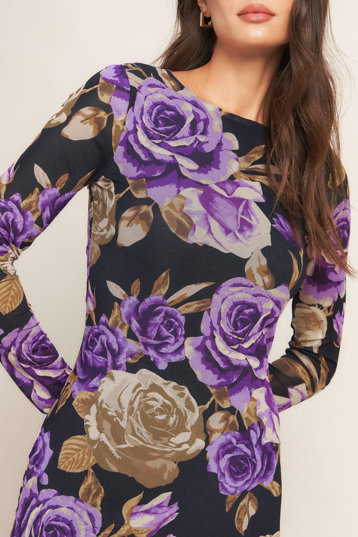 Violet Embrace Power Mesh Midi Dress in black, view 6 — Soul Flow Apparel