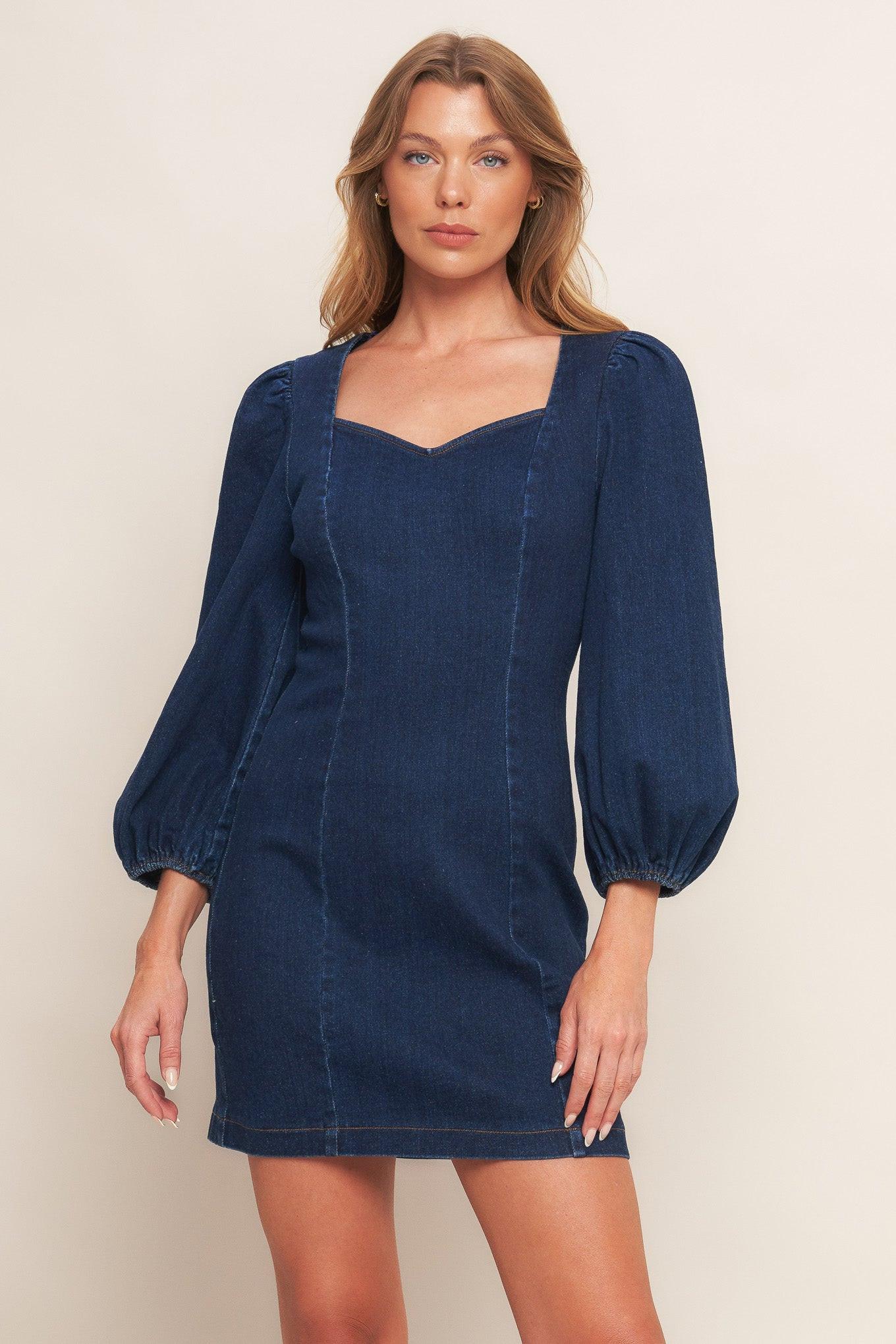 Timeless Denim Mini Dress in medium indigo, view 1 — Soul Flow Apparel