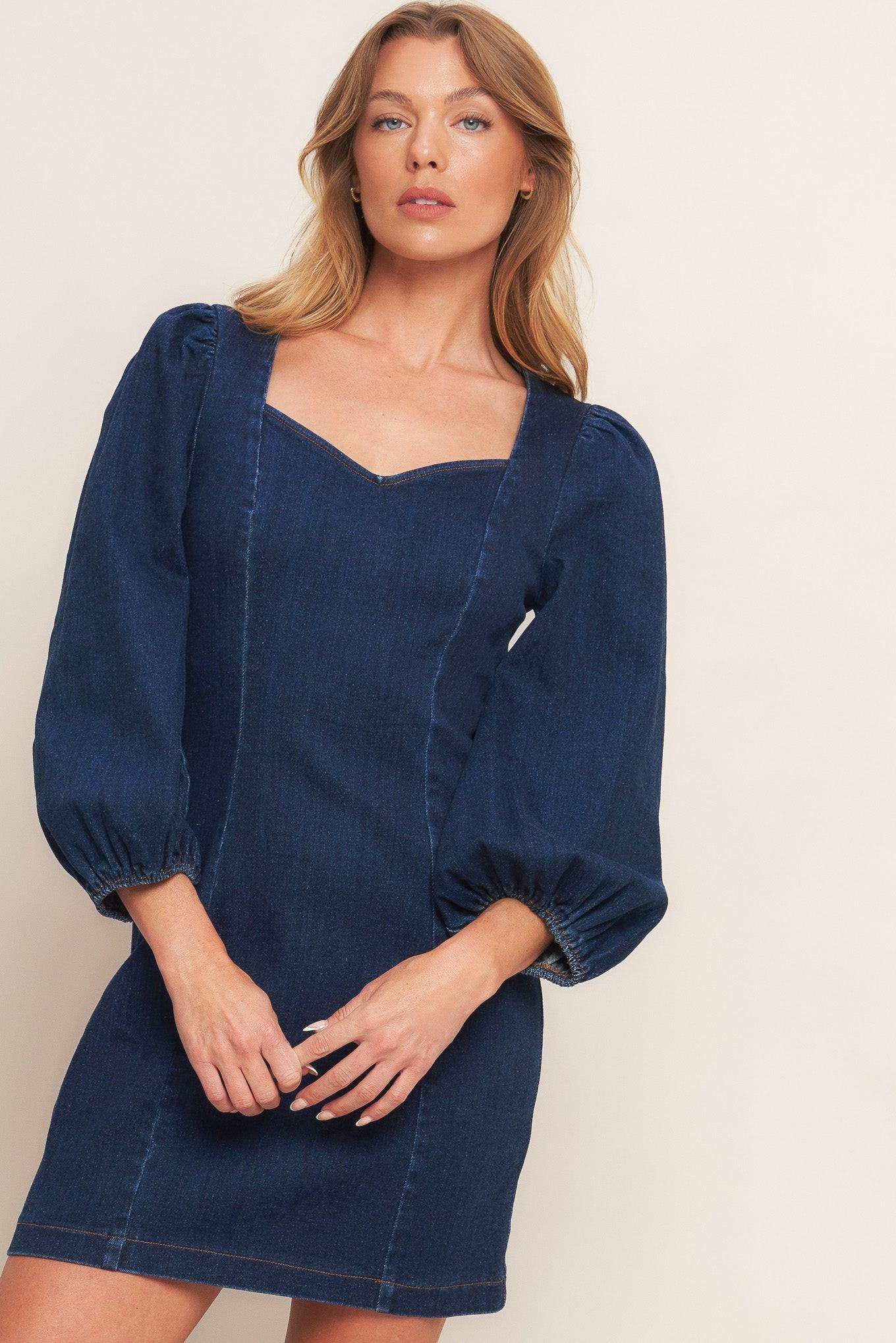 Timeless Denim Mini Dress in medium indigo, view 3 — Soul Flow Apparel