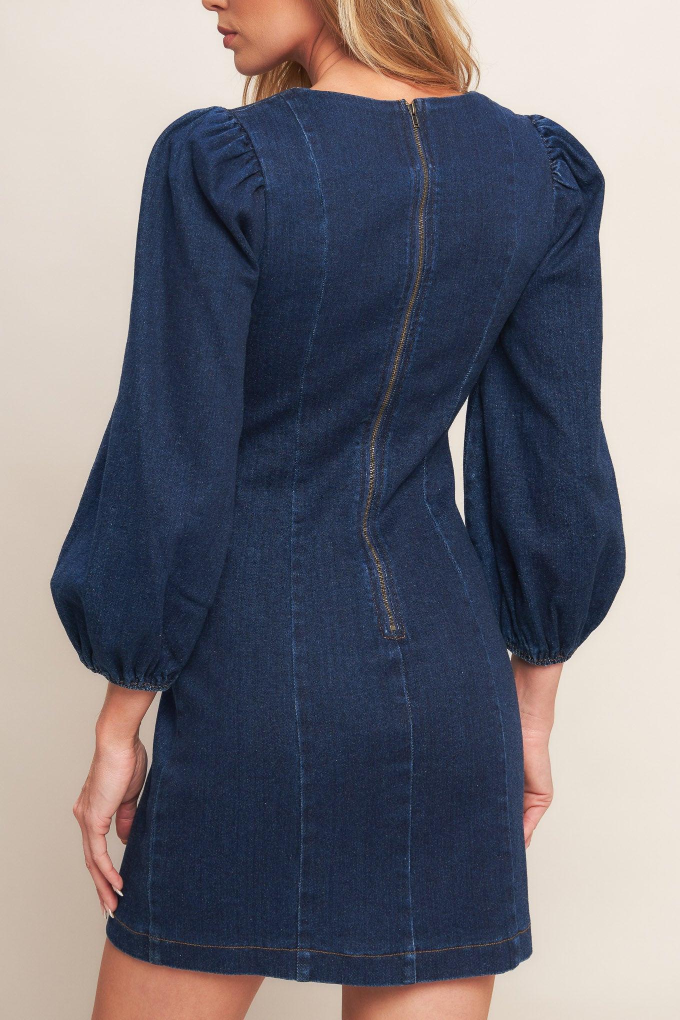 Timeless Denim Mini Dress in medium indigo, view 5 — Soul Flow Apparel