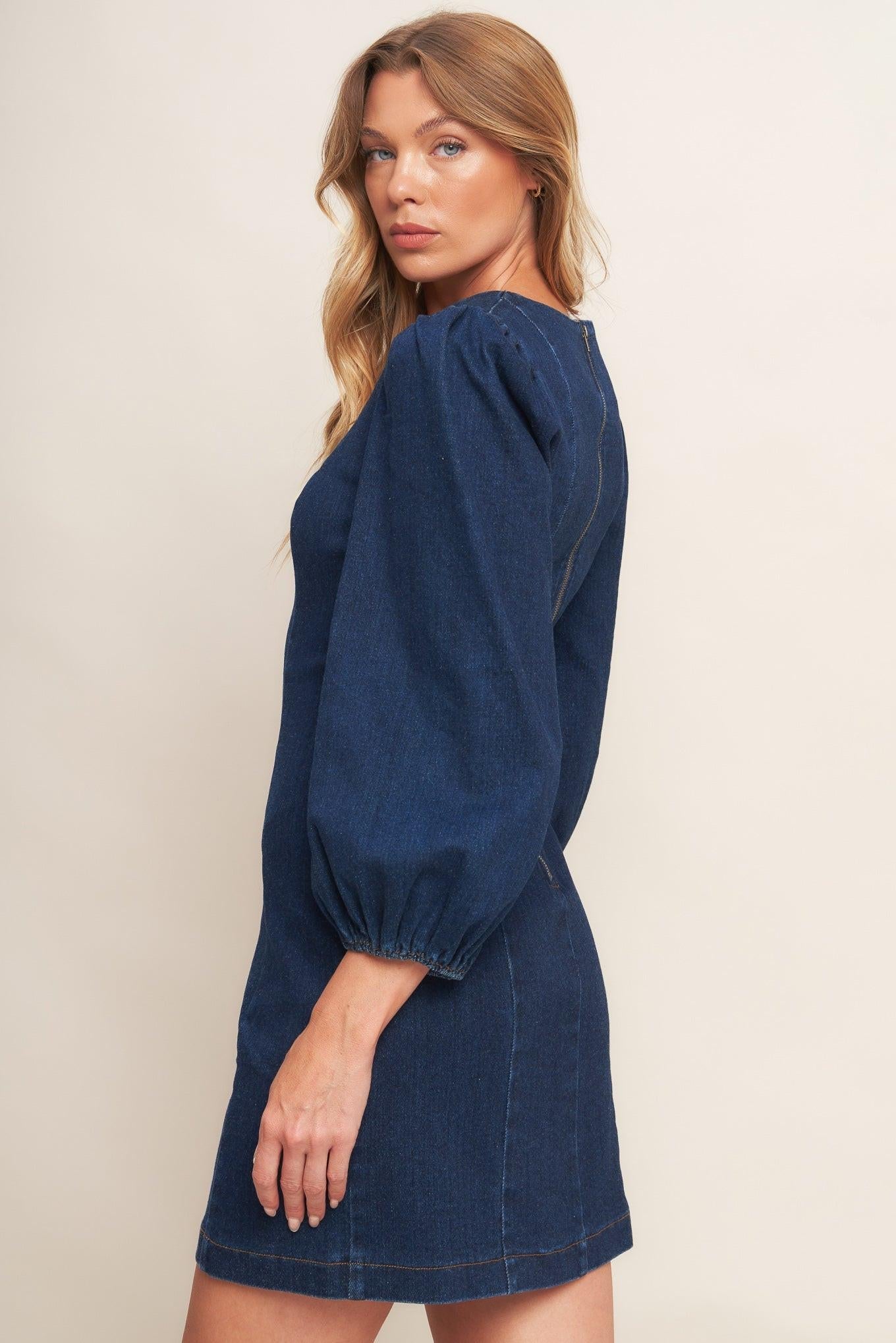 Timeless Denim Mini Dress in medium indigo, view 6 — Soul Flow Apparel