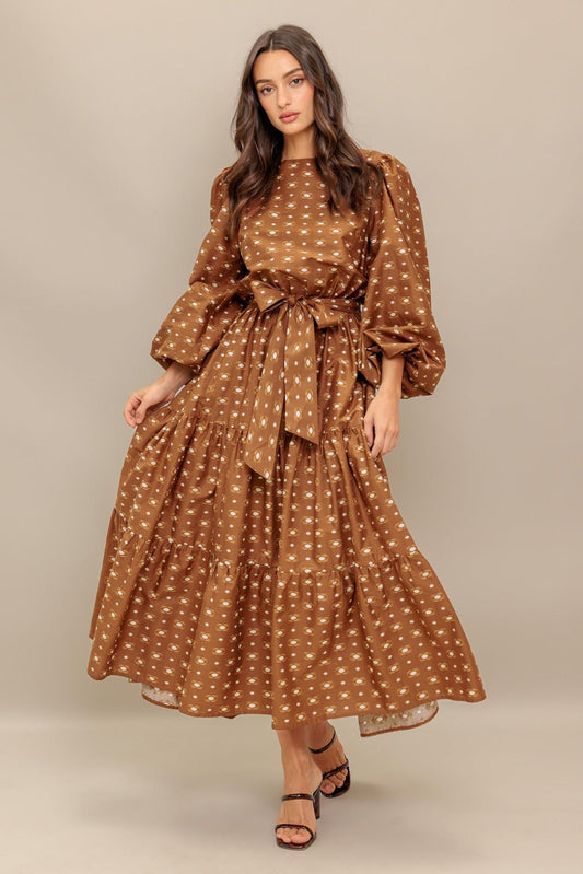 Cinnamon Waltz Woven Midi Dress in mocha, view 3 — Soul Flow Apparel