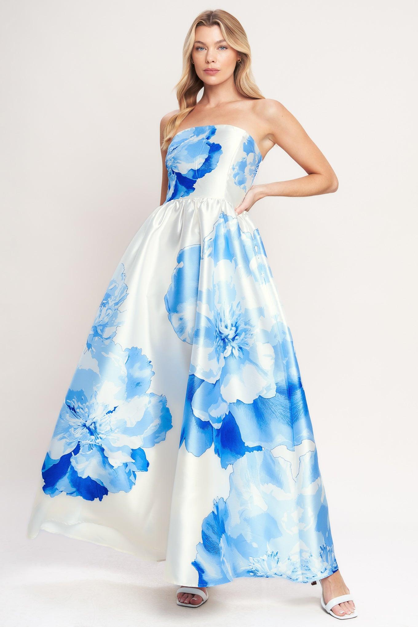Luxe Peony Woven Maxi Dress in ivory blue, view 1 — Soul Flow Apparel