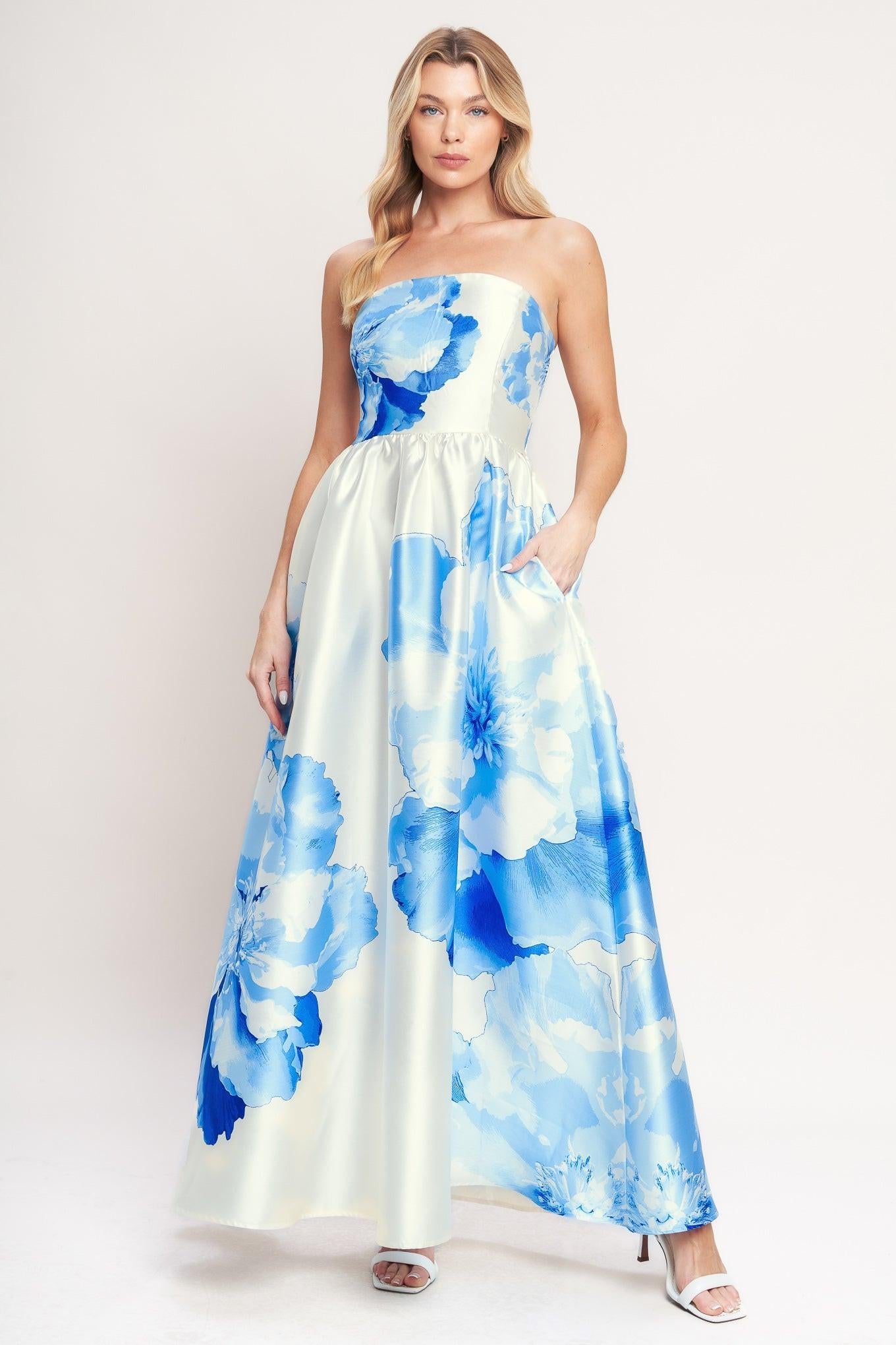 Luxe Peony Woven Maxi Dress in ivory blue, view 3 — Soul Flow Apparel