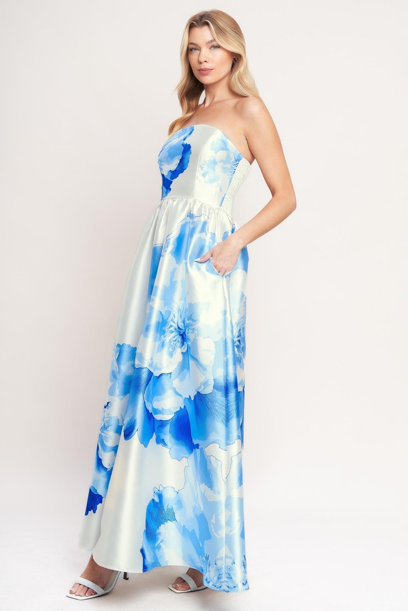 Luxe Peony Woven Maxi Dress in ivory blue, view 4 — Soul Flow Apparel