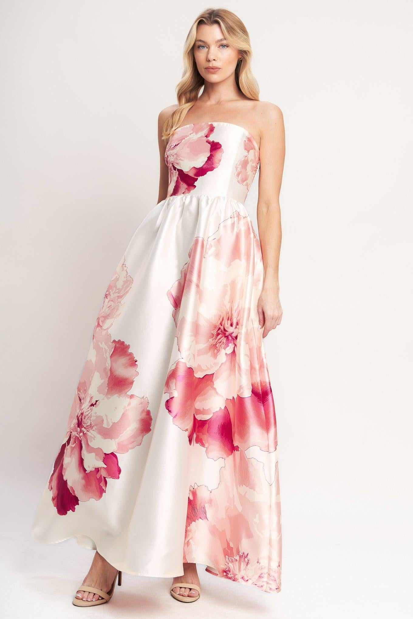 Luxe Peony Woven Maxi Dress in ivory coral, view 1 — Soul Flow Apparel