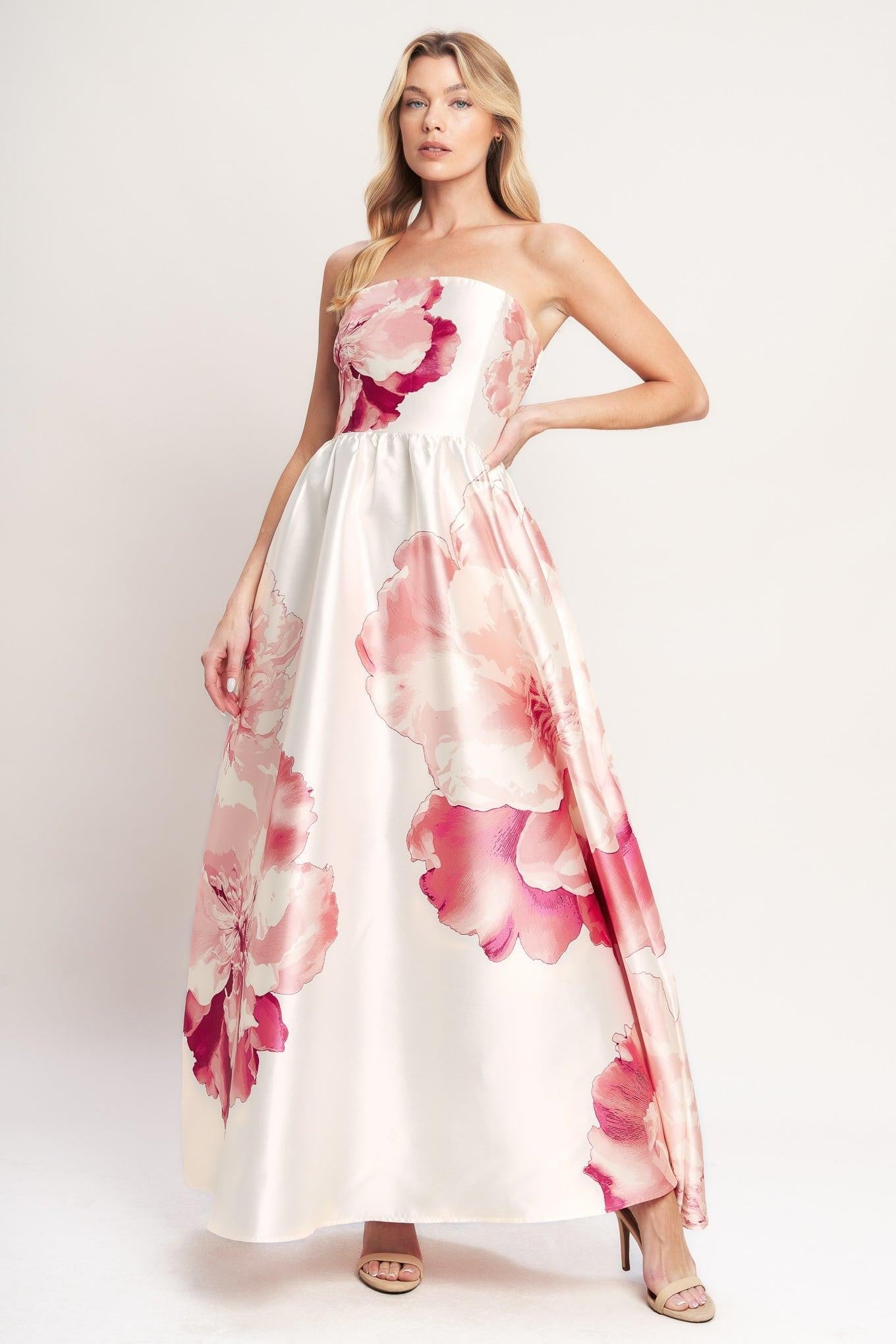 Luxe Peony Woven Maxi Dress in ivory coral, view 2 — Soul Flow Apparel