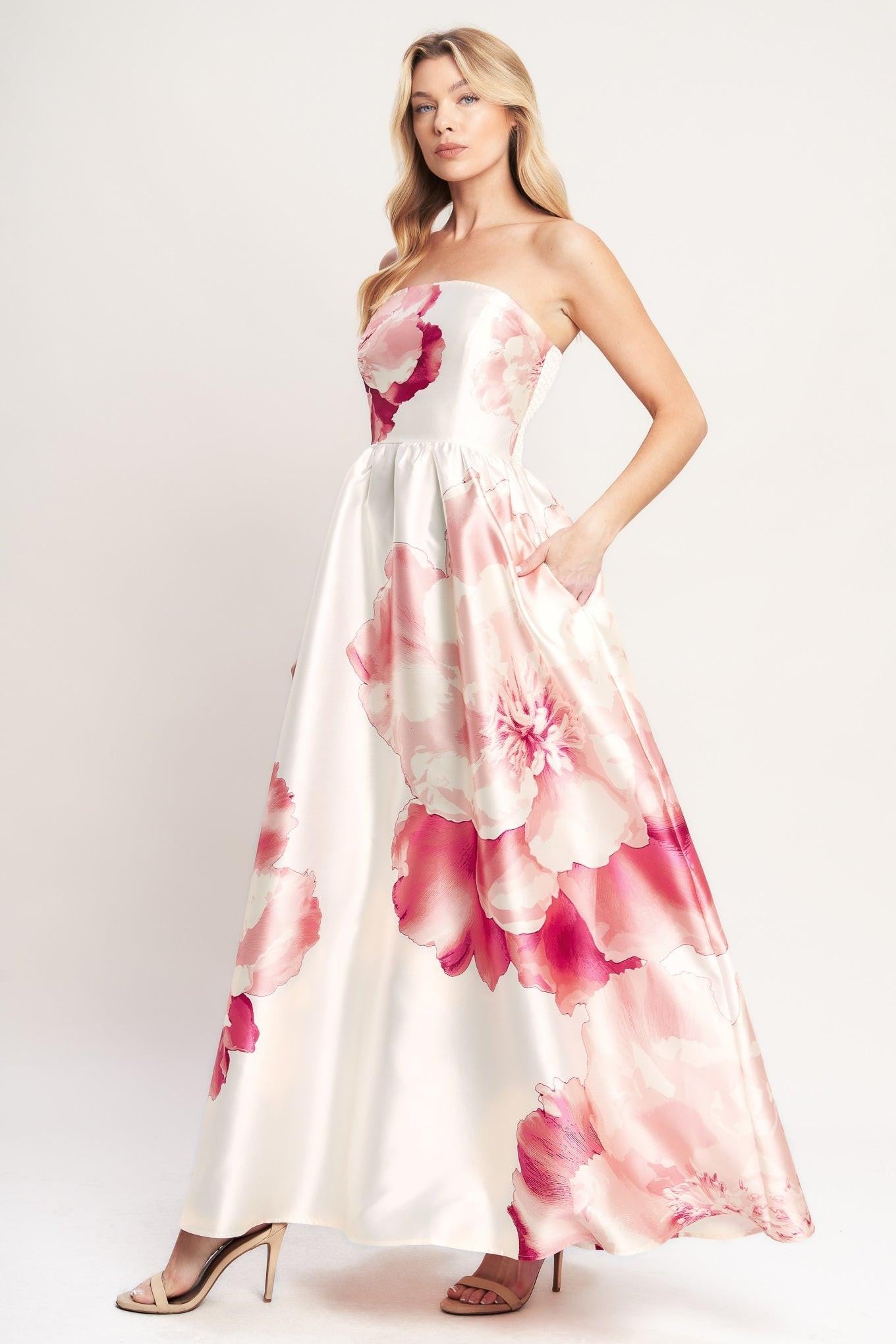 Luxe Peony Woven Maxi Dress in ivory coral, view 4 — Soul Flow Apparel