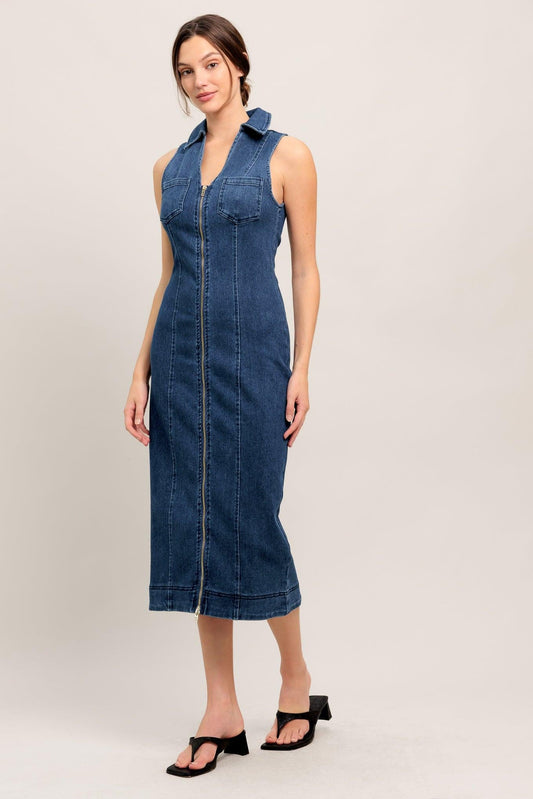 Everyday Edge Denim Midi Dress in medium indigo, view 2 — Soul Flow Apparel