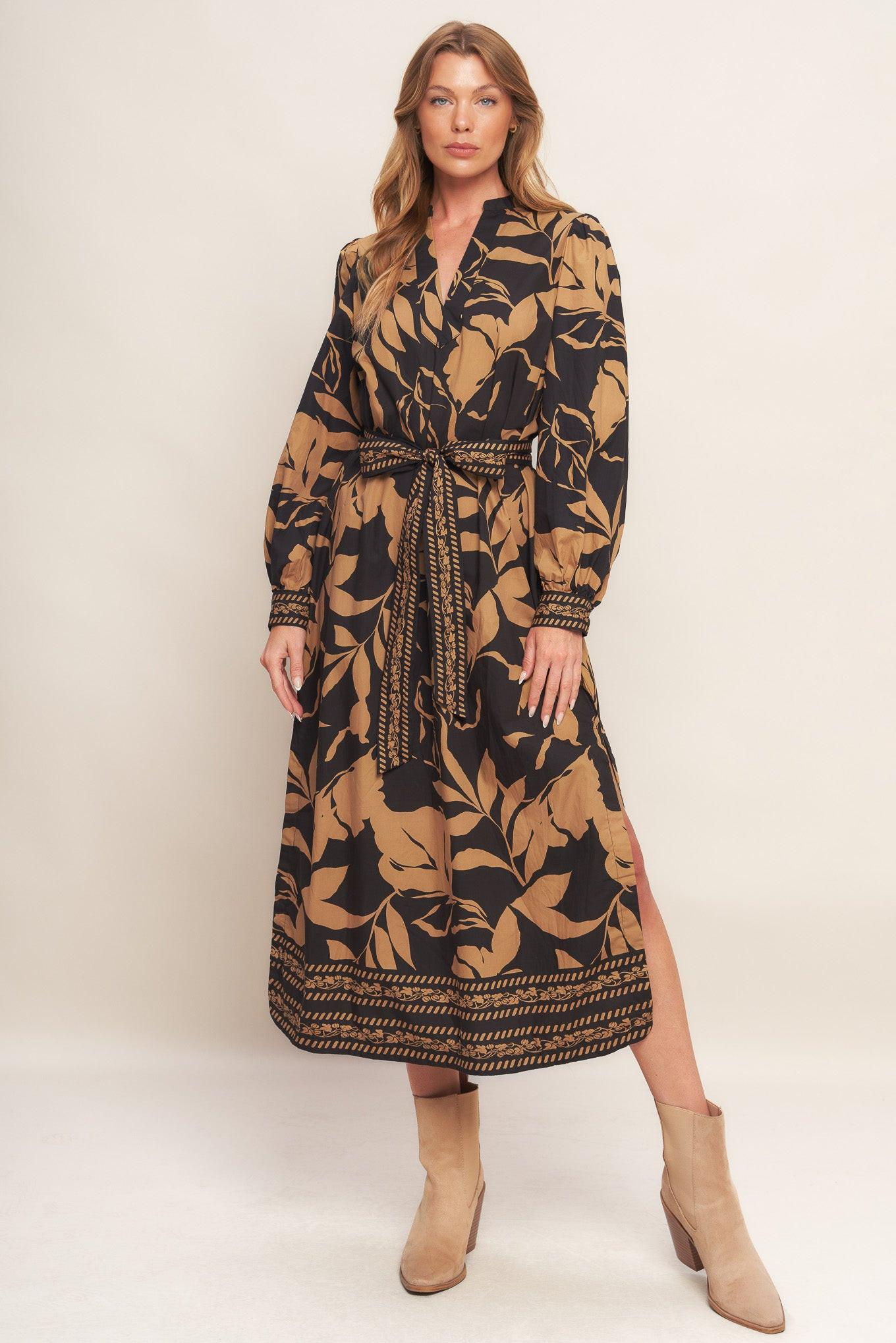 Autumn Leaf Woven Midi Dress in black, view 1 — Soul Flow Apparel