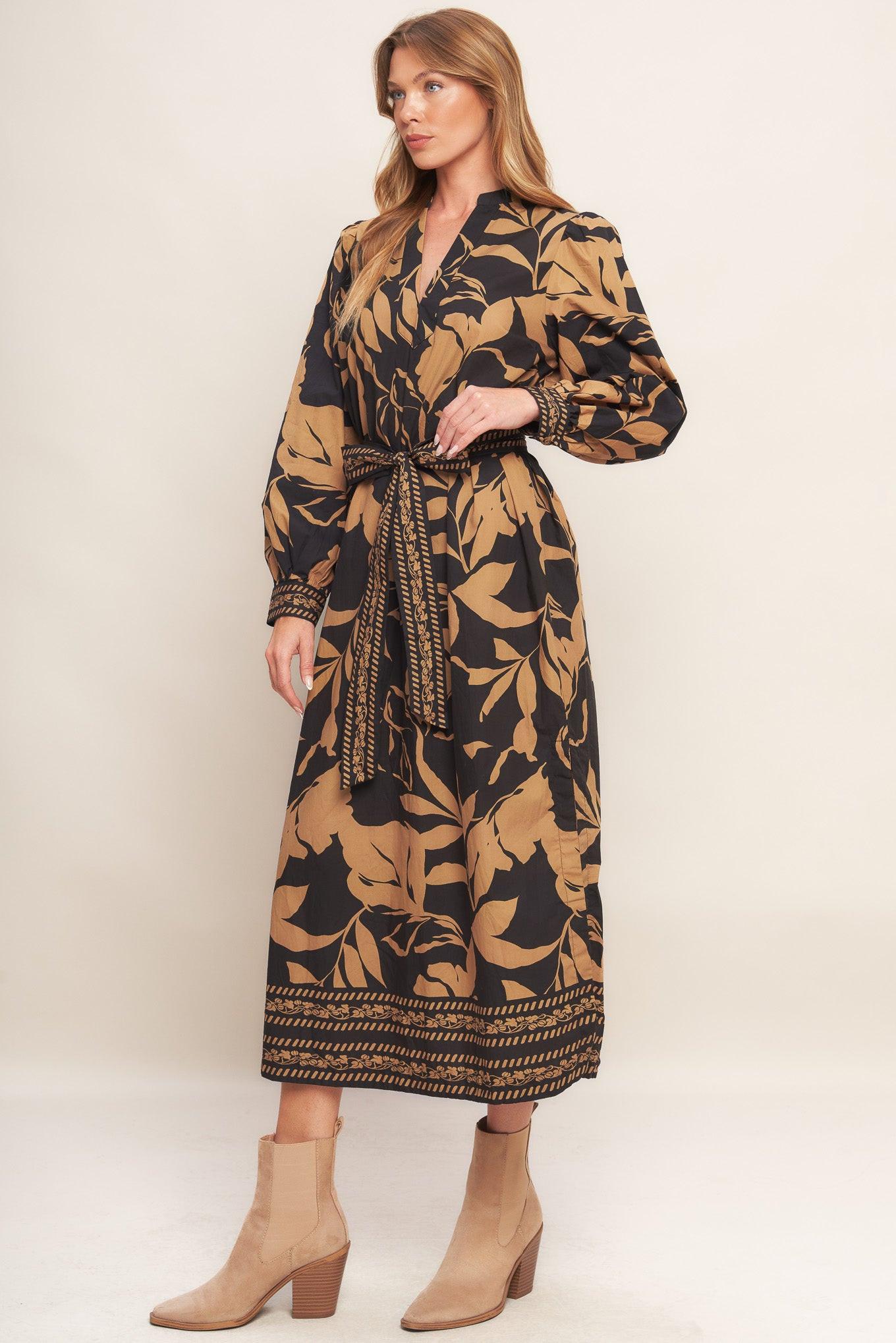 Autumn Leaf Woven Midi Dress in black, view 3 — Soul Flow Apparel