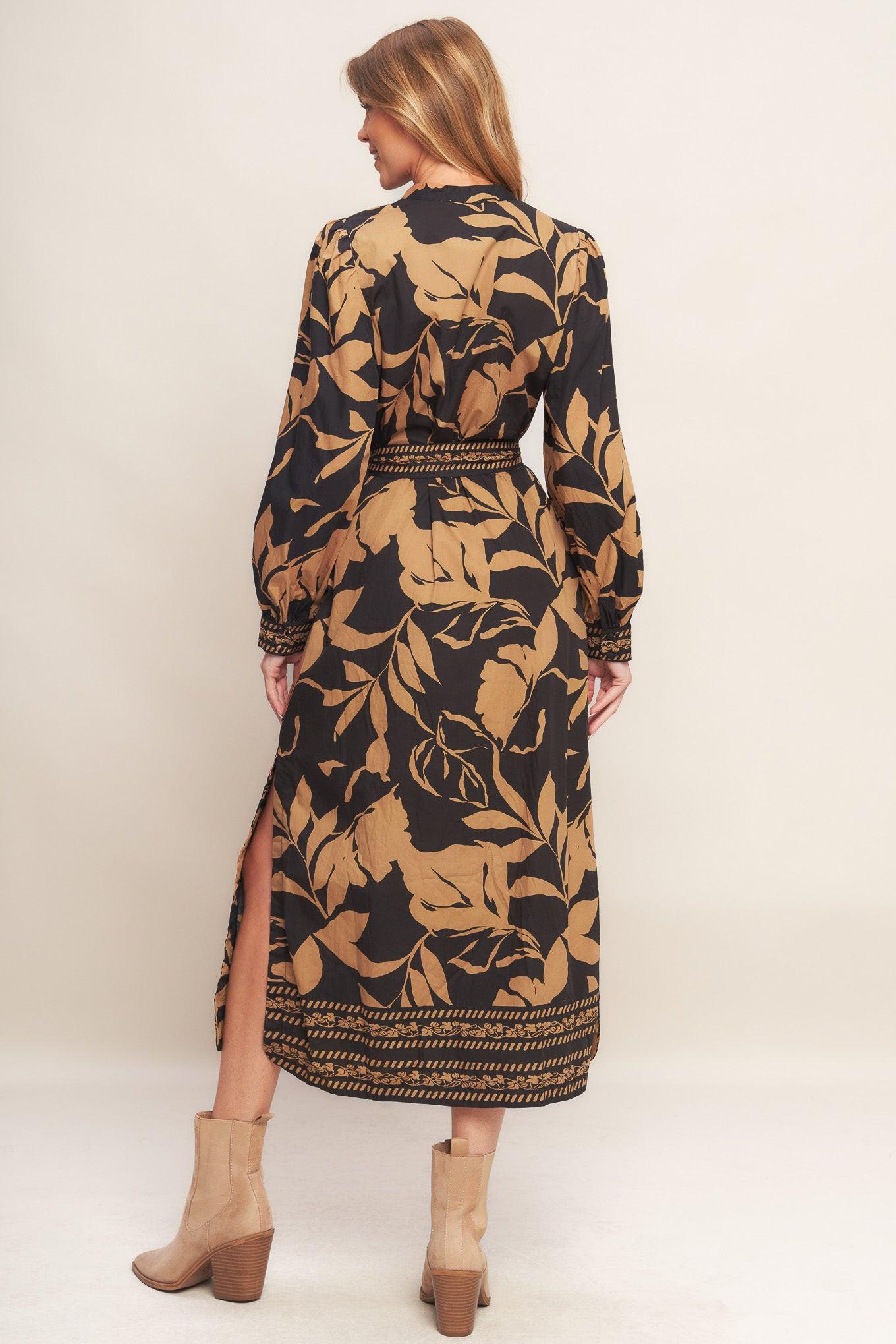 Autumn Leaf Woven Midi Dress in black, view 4 — Soul Flow Apparel