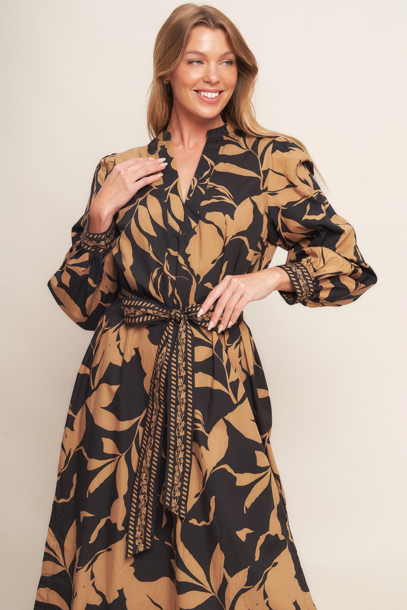 Autumn Leaf Woven Midi Dress in black, view 5 — Soul Flow Apparel