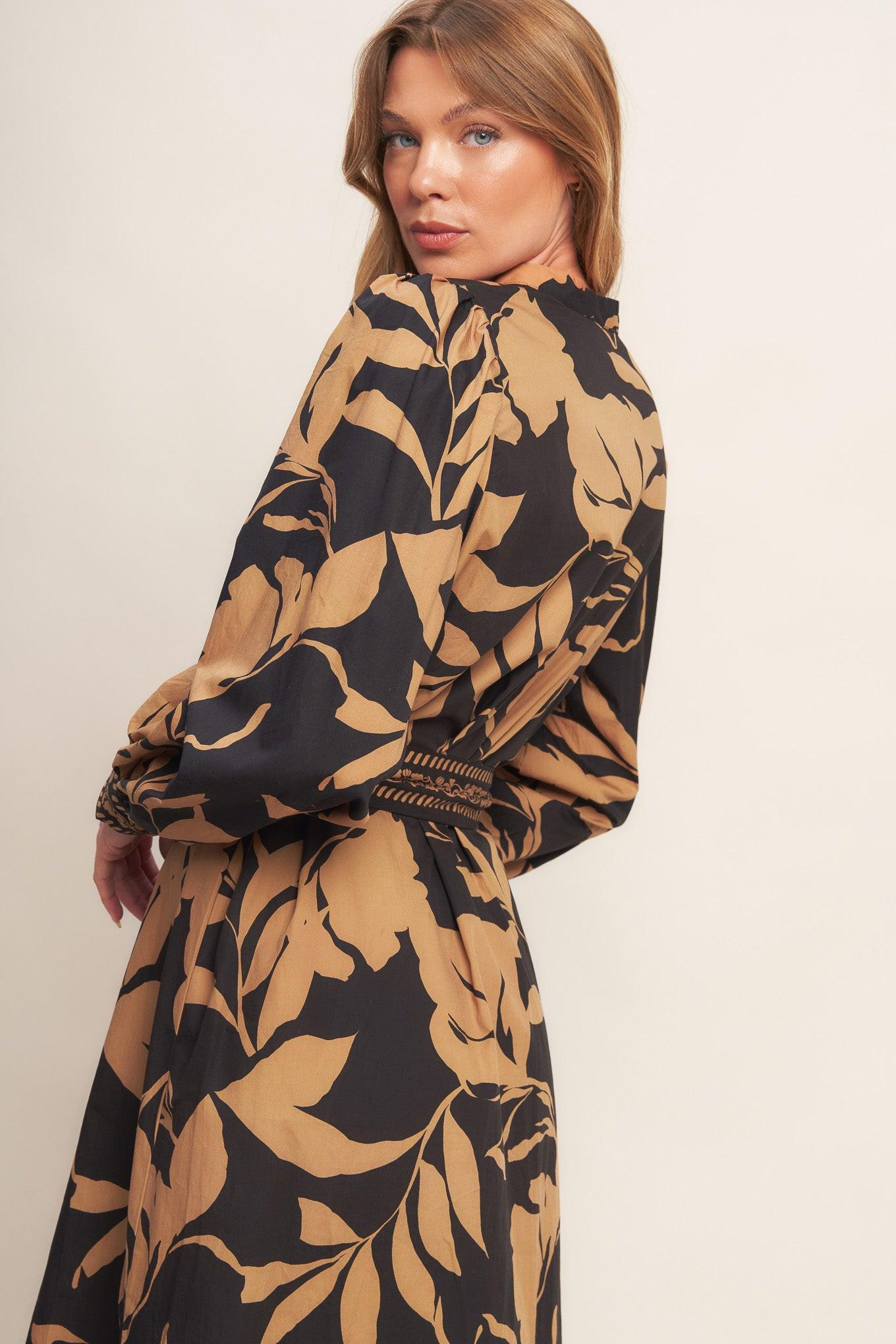 Autumn Leaf Woven Midi Dress in black, view 6 — Soul Flow Apparel