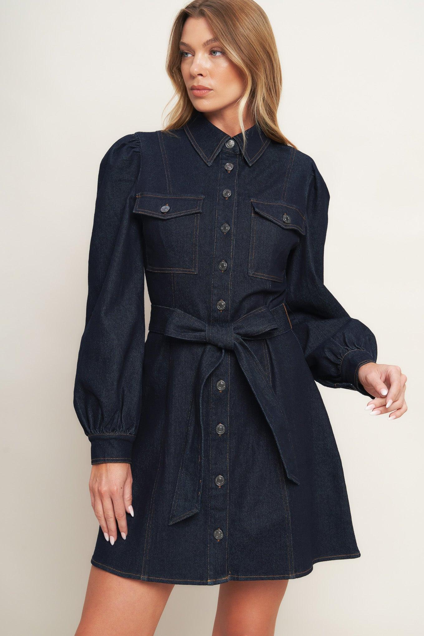 Holiday Dark Indigo Denim Mini Dress, view 2 — Soul Flow Apparel