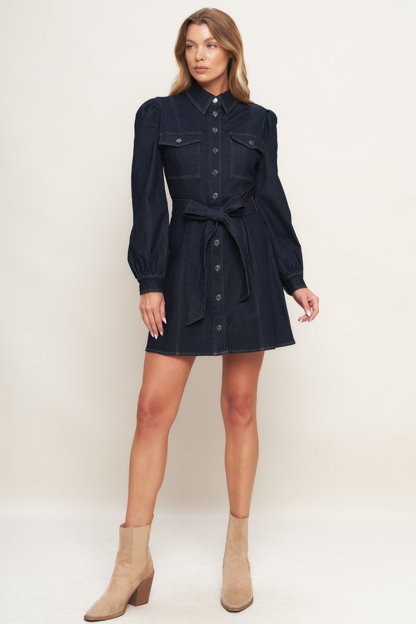 Holiday Dark Indigo Denim Mini Dress, view 3 — Soul Flow Apparel