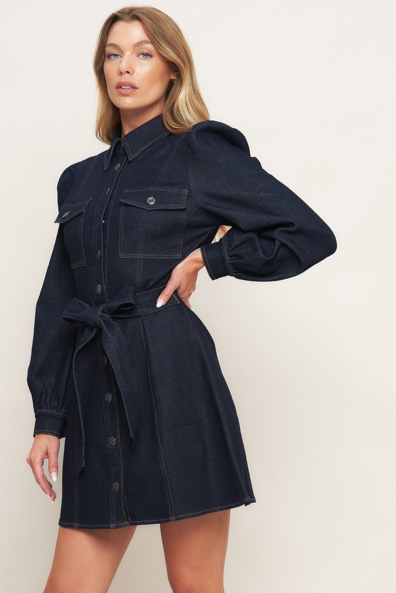 Holiday Dark Indigo Denim Mini Dress, view 5 — Soul Flow Apparel