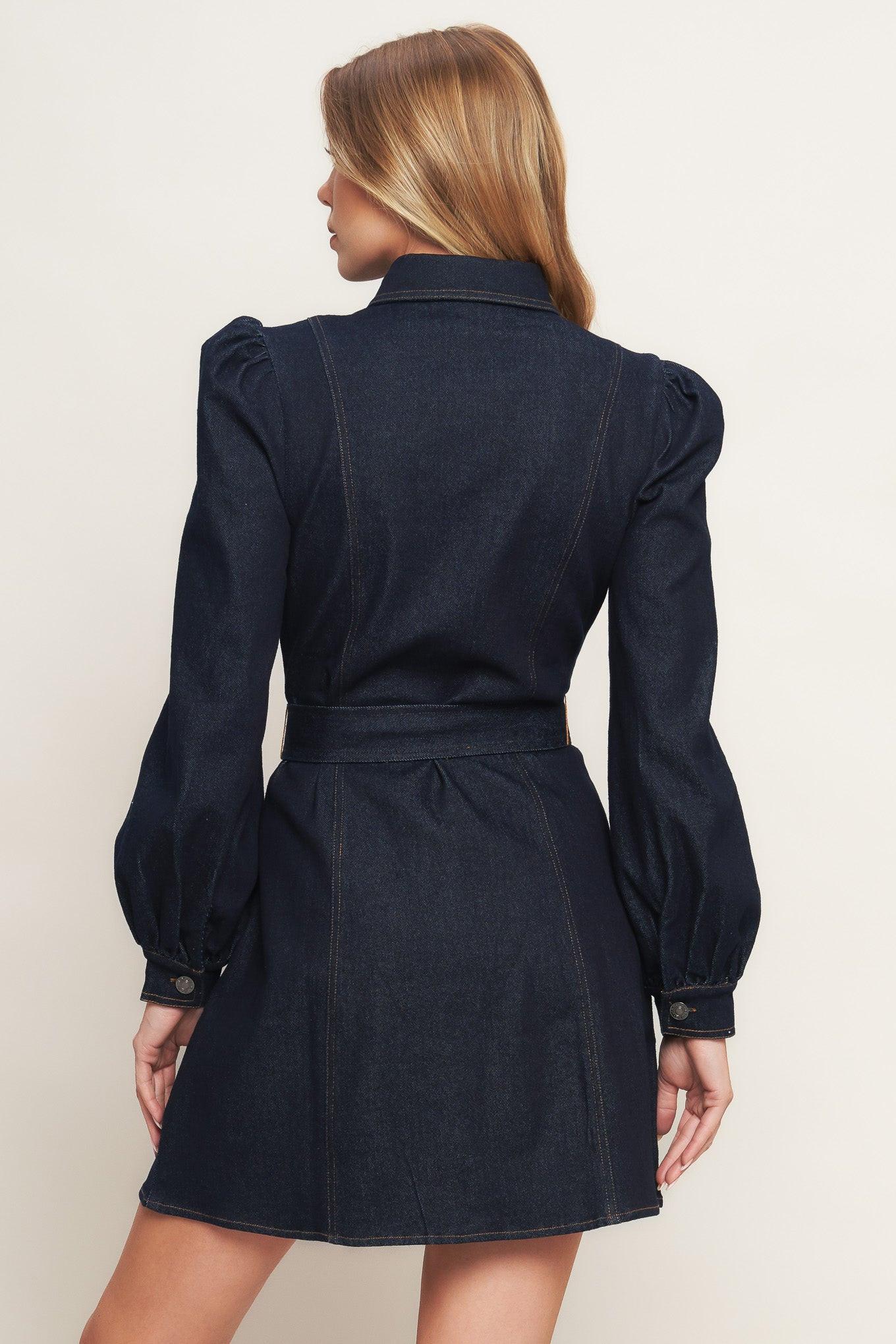 Holiday Dark Indigo Denim Mini Dress, view 7 — Soul Flow Apparel