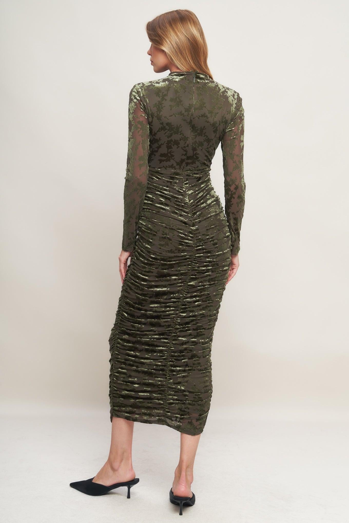 Nightshade Glamour Velvet Midi Dress in mossgreen, view 4 — Soul Flow Apparel